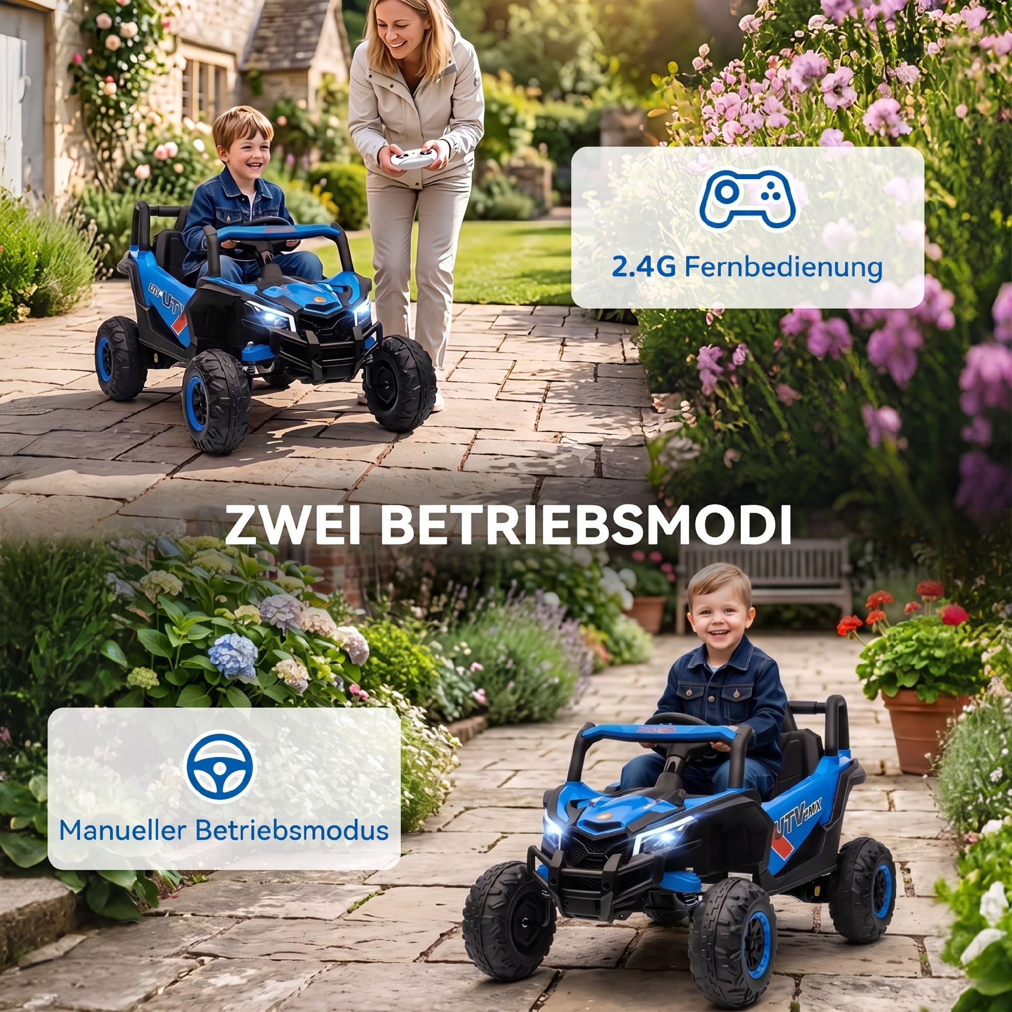 AIYAPLAY Elektryczne auto dzieci 12V pilot 2,4G 2 silniki Niebieski | Dziecięcy UTV, Pojazd dziecięcy, Miękki start, Zawieszenie, LED lampy, Muzyka, Port USB, Klakson, Dla 3-5 lat