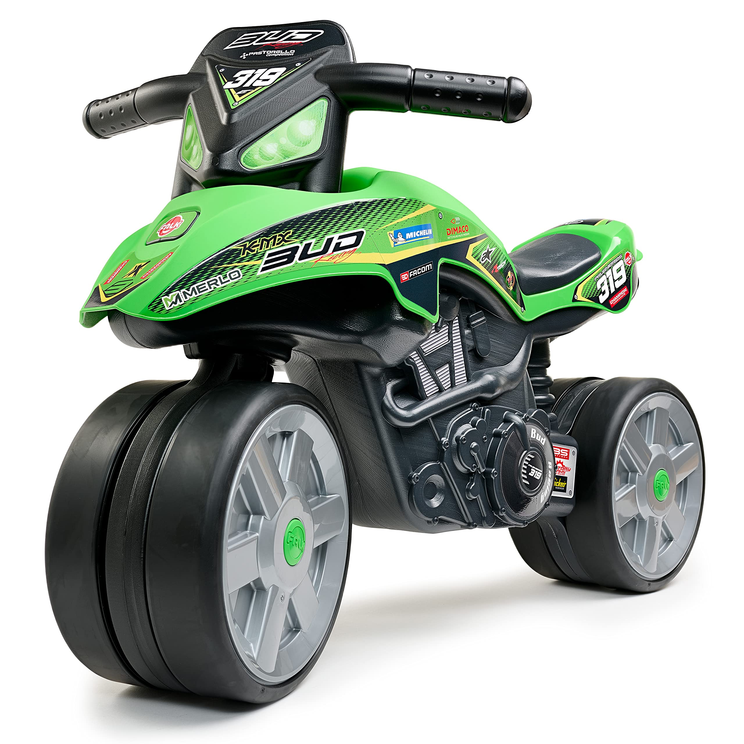 Falk 502BRS - Draisienne Moto Bud Racing - Verde - Ruedas silenciosas - A Partir de 2 años - 40% de plástico Reciclado - Fabricado en Francia