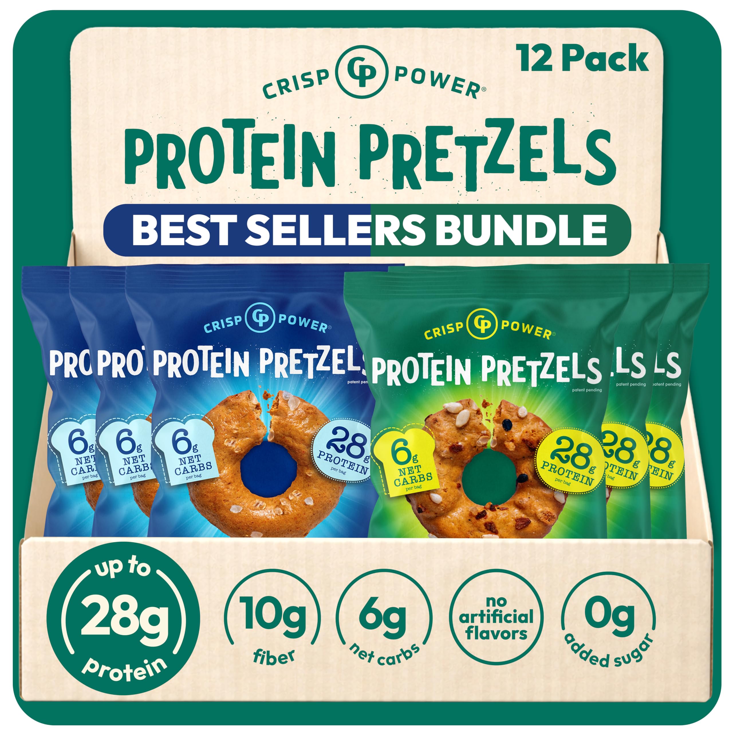 CRISP POWER Protein Pretzel Snack Bundle - Sea Salt & Everything (6 Packs Each) - 28G Protein Per Pack, Low Carb, Vegan, Keto, Baked, Savory Pretzel Bites