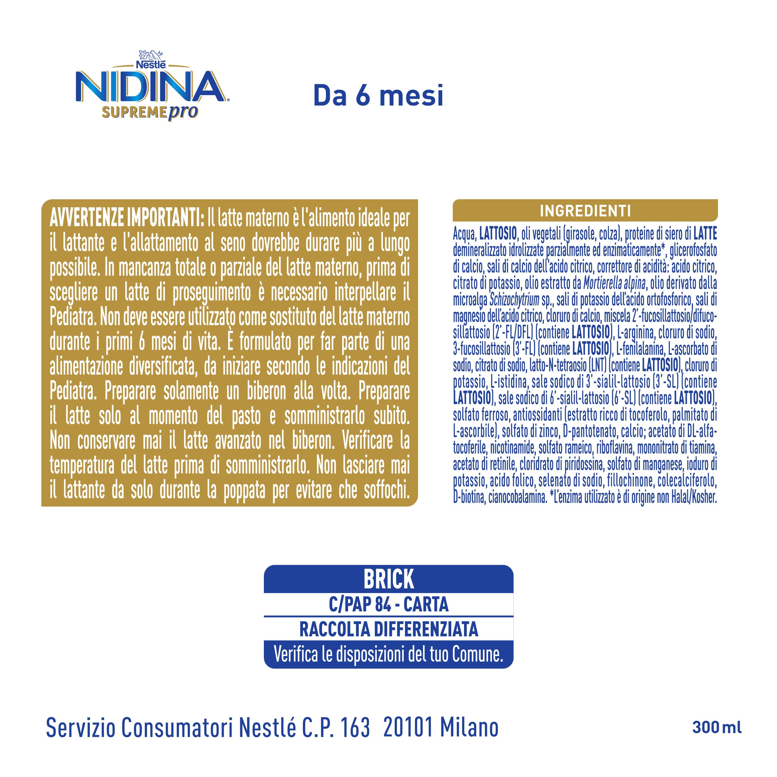 NIDINA SUPREMEpro 2 Latte di Proseguimento Liquido da 6 mesi, 12 Brick da 300ml (3,6L)