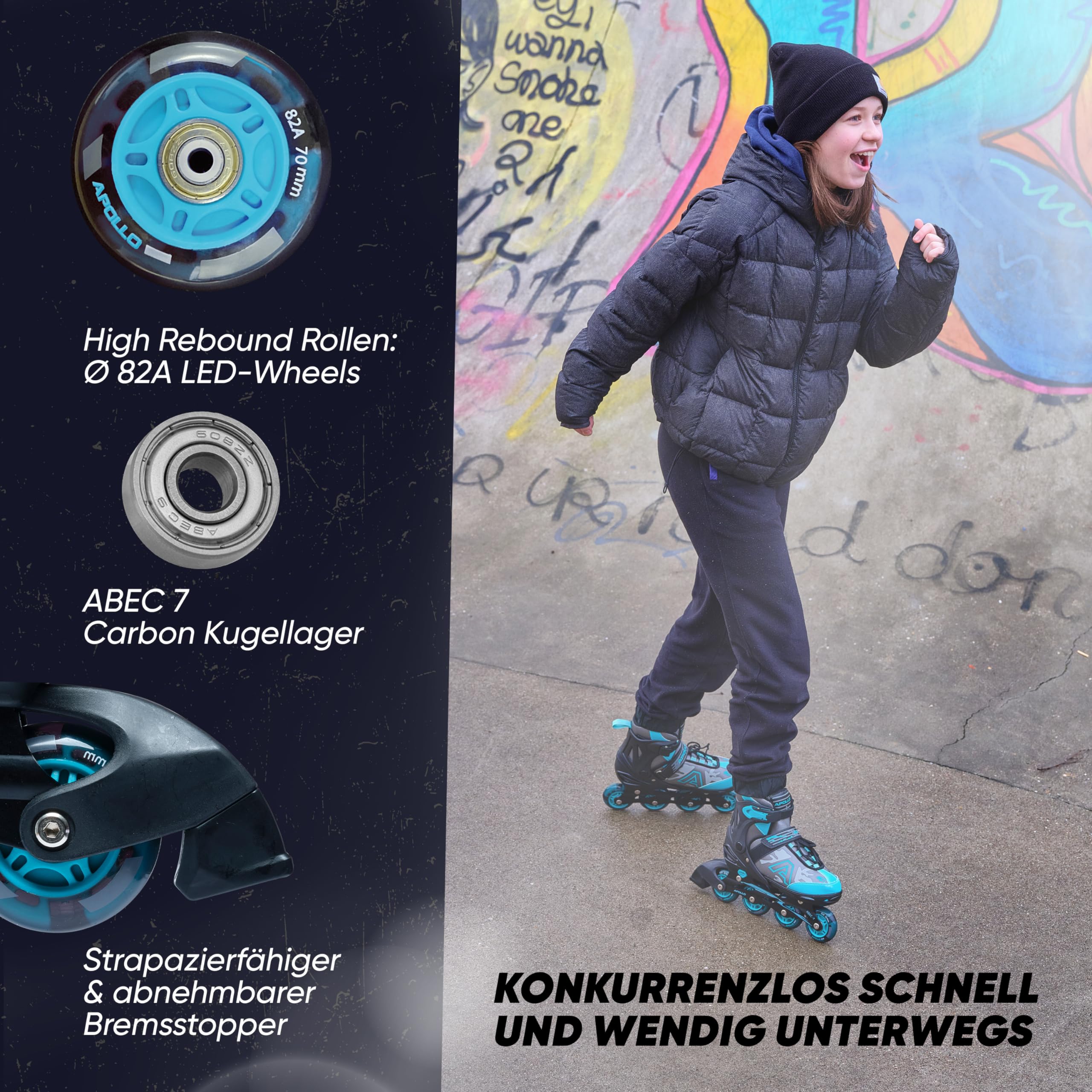 Apollo Champion, größenverstellbare Inliner für Jungs und Mädchen ab Größe 31, für Damen und Herren bis Größe 42, hochwertige Inline Skates für Kinder und Erwachsene mit LED Rollen