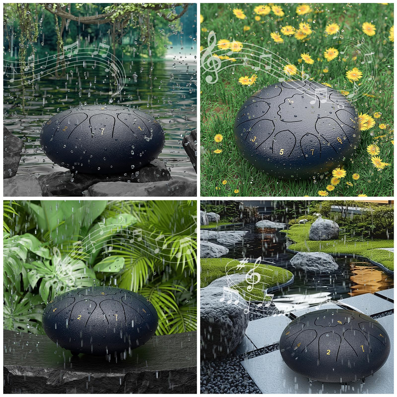 Rain Drum for Outside Garden, 8 Inches 11 Notes Steel Tongue Drum, Waterproof Meditation Rain Chime, Musical Instruments for Adult Gift with Bag, Music Book, Mallets (Navy Blue) 6