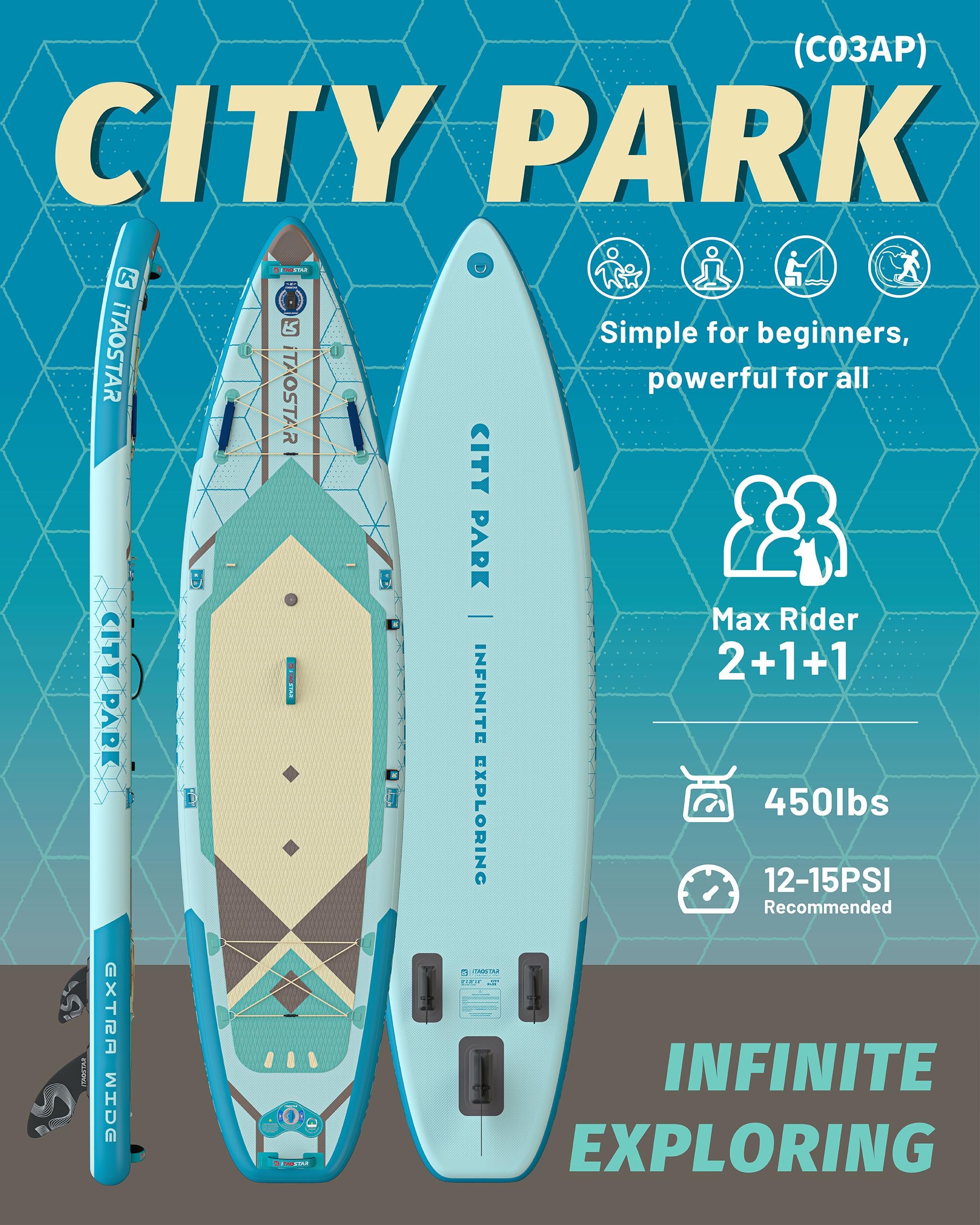 iTAOSTAR City Park, tavola da paddle extra larga con sedile, 30,5 x 89 cm, con 5 pinne su misura, gonfiabile, stabile, per giovani/adulti di tutti i livelli