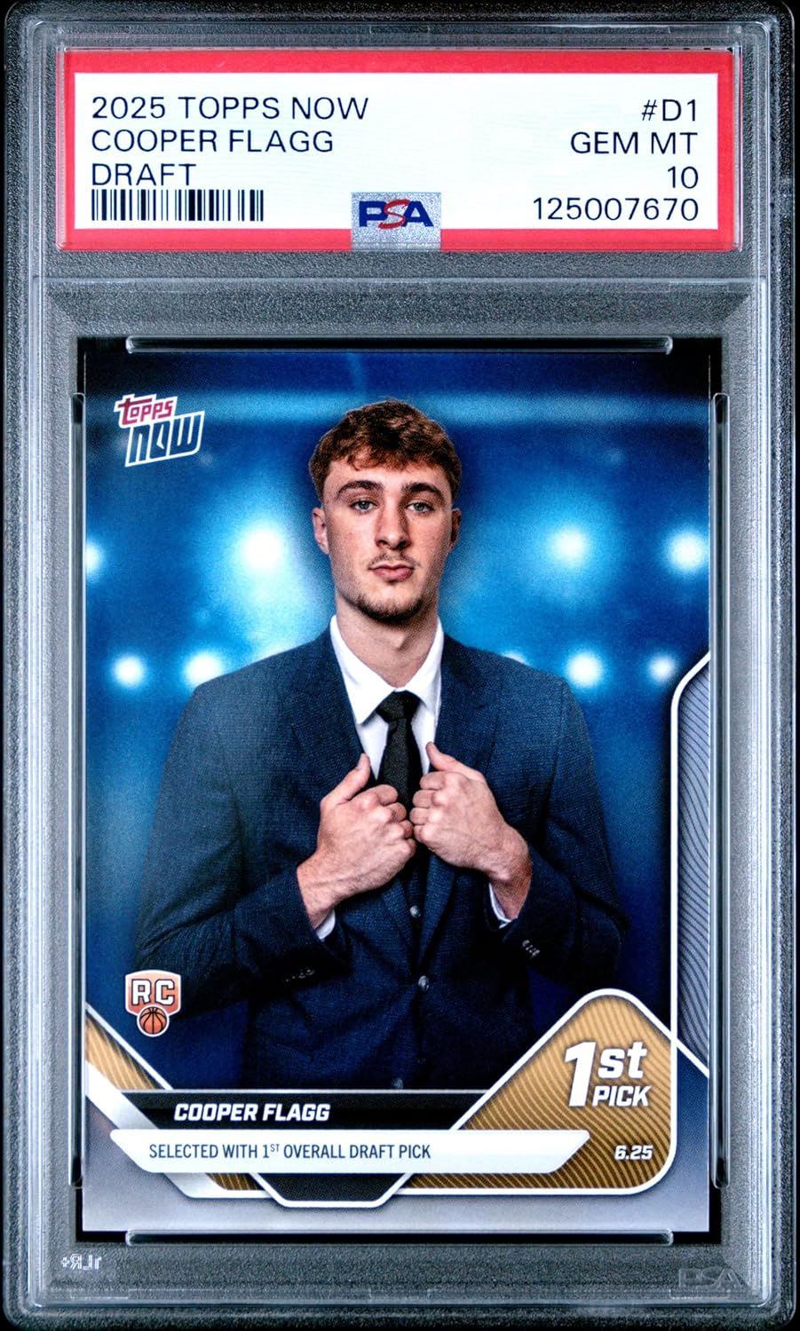 Cooper Flagg 2025 Topps Now Draft Basketballl Rookie Card #D1 Graded PSA 10 Cert # 125007670