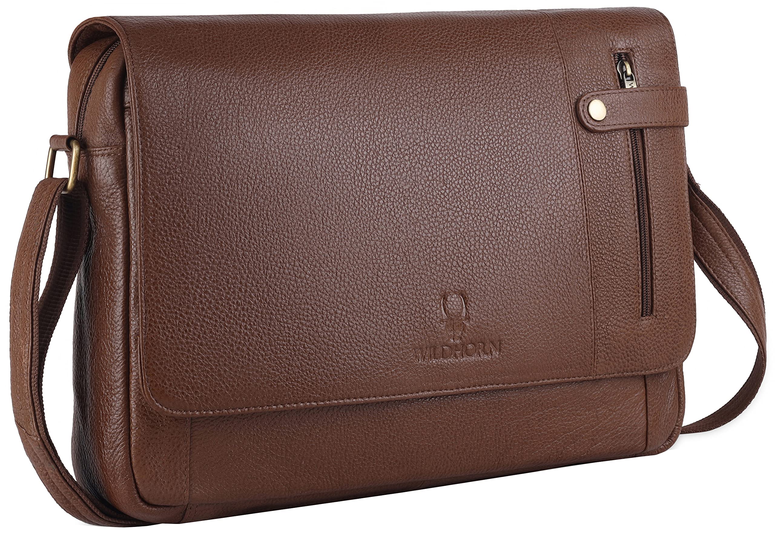 WILDHORN Leather 14 inch Laptop Messenger Bag for Men I Padded Laptop Compartment with Adjustable Strap I Extra Zip Compartments I DIMENSION : L-14 inch W-3 inch H-12 inch (Walnut)