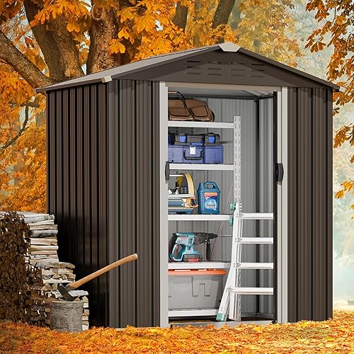 Miniatura 2 de JYQAQA Cobertizo de almacenamiento de jardín para exteriores, 6 x 4 pies, cobertizos de jardín de metal impermeable con puerta doble con cerradura,