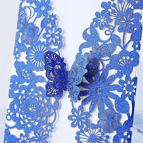 Miniatura 6 de Hosmsua 50 invitaciones de quinceañera de mariposa azul rey y sobre de 5.12 x 7.3 pulgadas, corte láser, flora de encaje, invitación de quinceañera