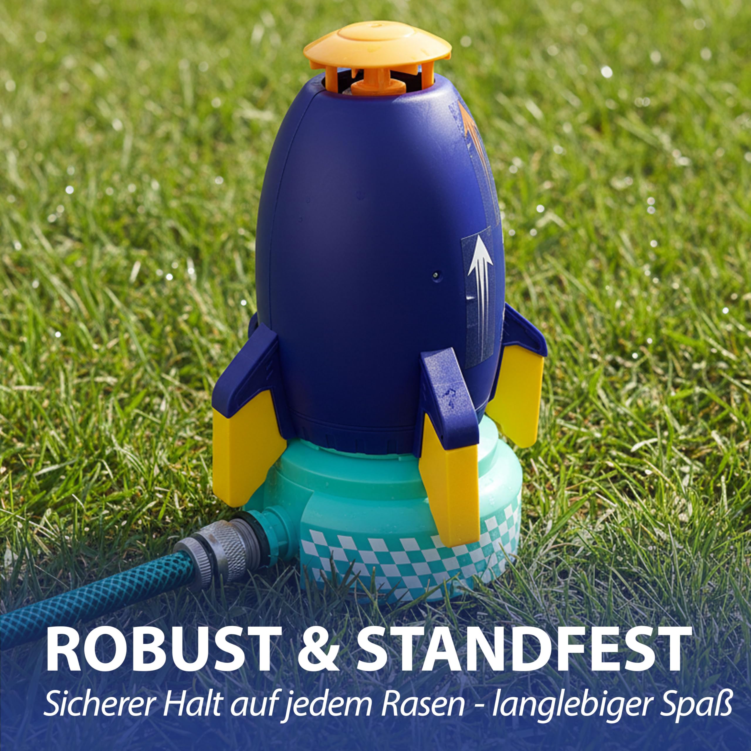 Wassersprinkler Rakete | Kunststoff 24cm Mehrfarbig | Base Schlauadapter Sticker | Kinderspielzeug Wasserfontäne Sommer | Spielgerät für den Garten