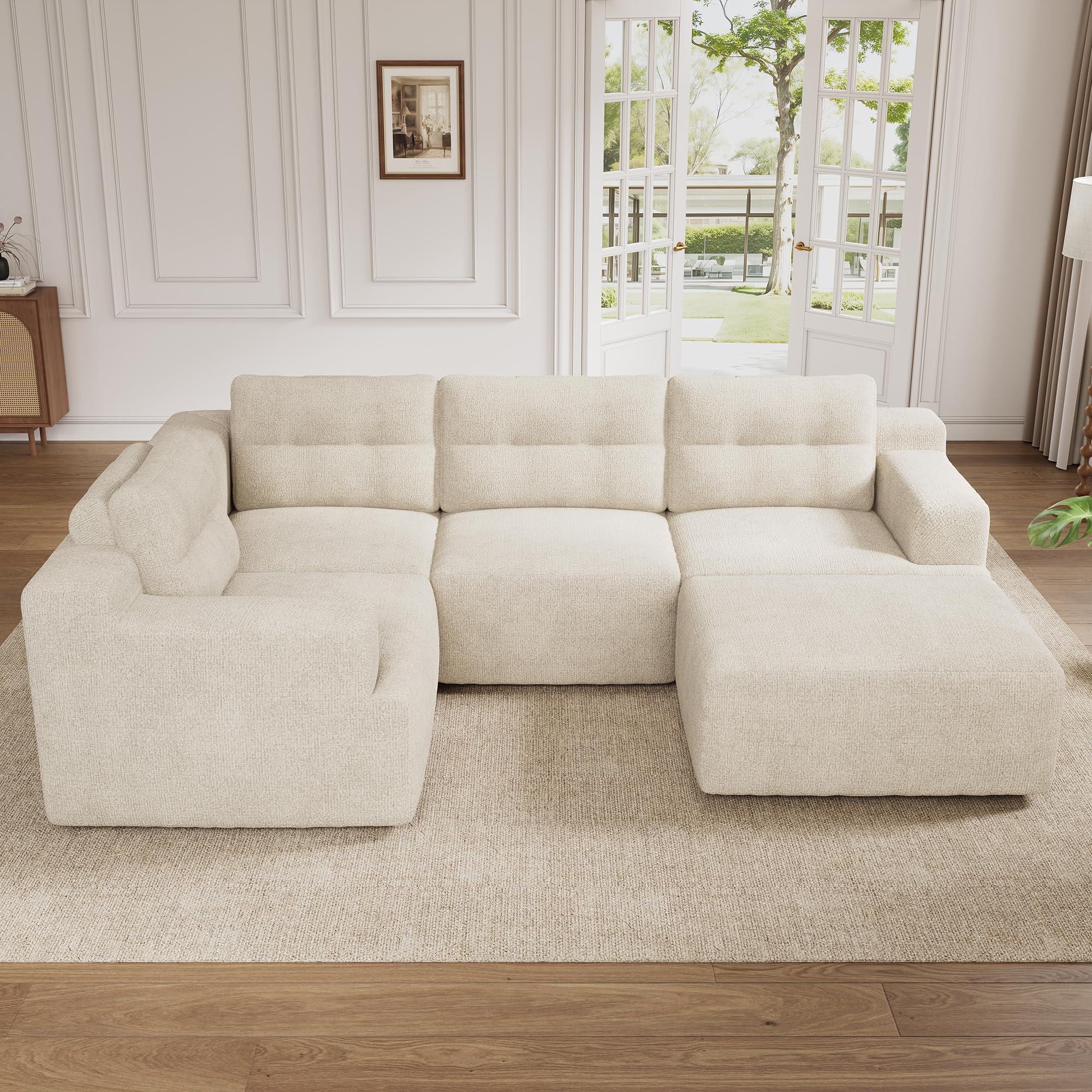 Sapgaks Canapé d'angle Convertible,configurable en Forme de L ou de U,Canapé modulable en Chenille,canapé 5 Places,Structure entièrement en Mousse sans Cadre,Beige