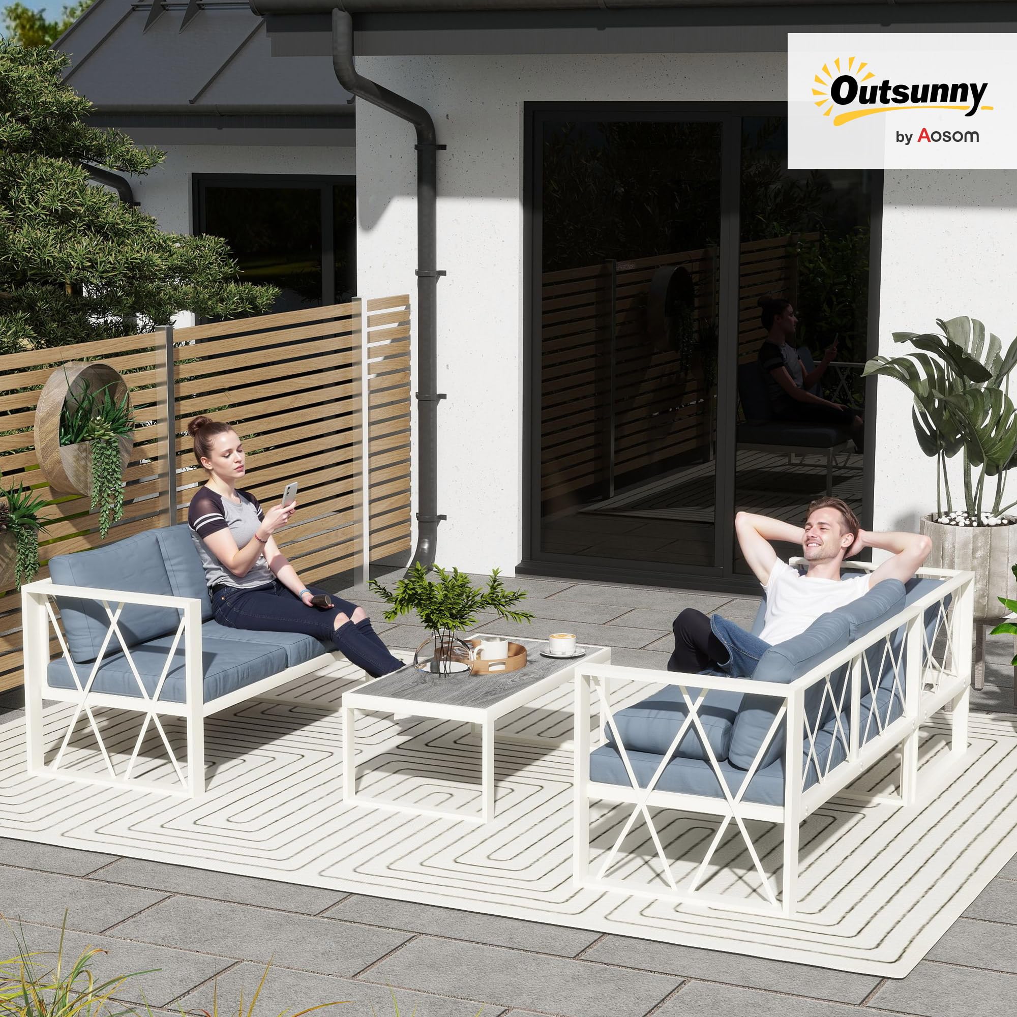 Outsunny Conjunto de Muebles Jardín Exterior de 4 Piezas Sofá Exterior Seccional Forma de L con 2 Sofás de 2 Plazas Sofá de Esquina con Asiento Ajustable y Mesa Centro de DPC con Cojines Beige y Gris