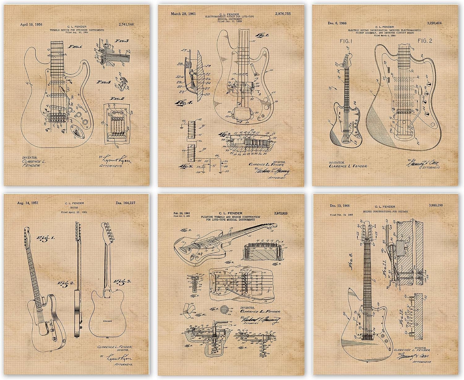Vintage Electric Strings Guitar Patent Prints, 6 (8x10) Unframed Photos, Wall Art Decor for Home Work Office Leo Fender Music Rock Roll Acoustic Studio School Band Student Teacher Musician