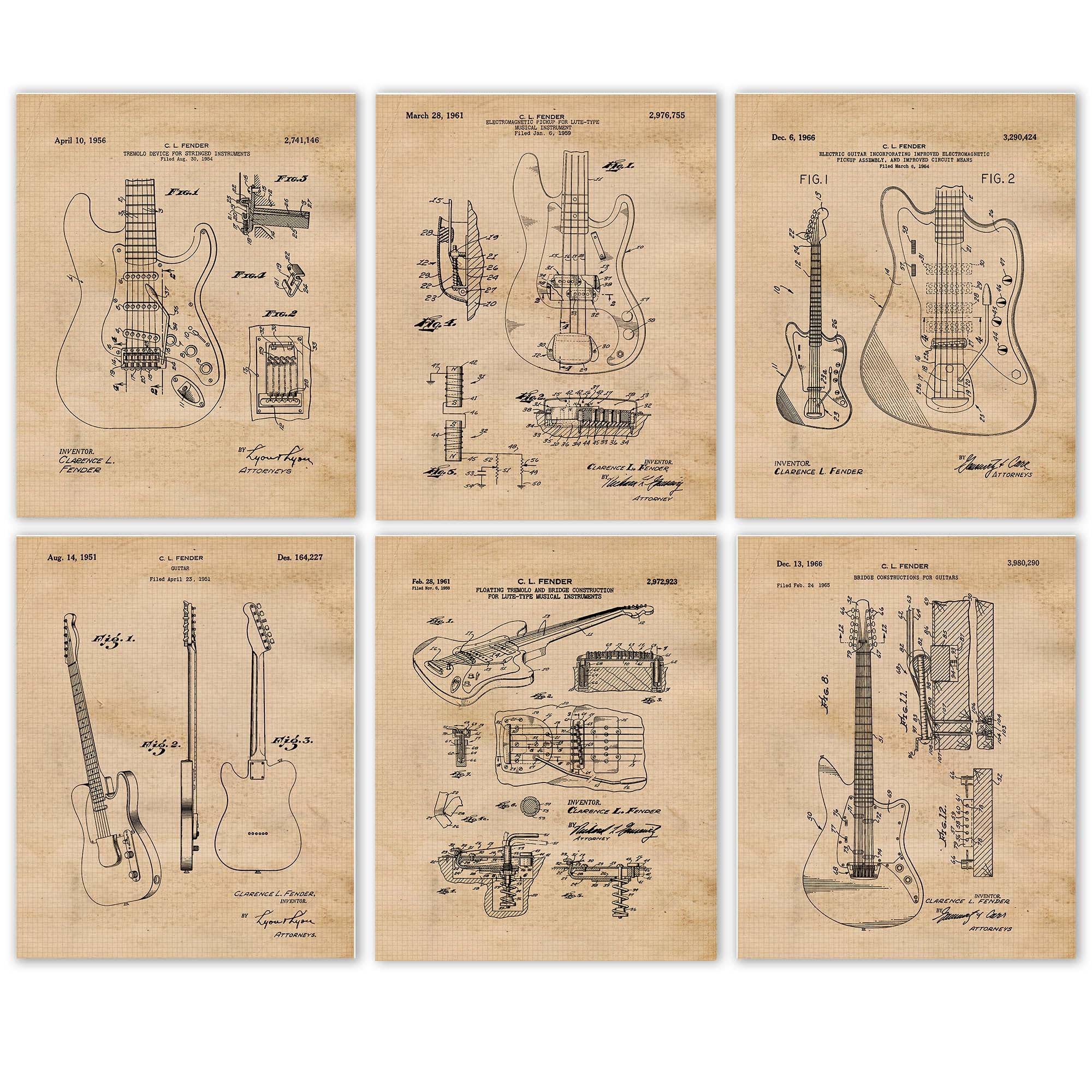 Classic Electric Guitars Patent Prints, 6 (8x10) Unframed Photos, Wall Art Decor Gift for Home Work Office Man Cave Garage Music Studio College Student Teacher Coach Rock Roll Band Leo Fender Fans