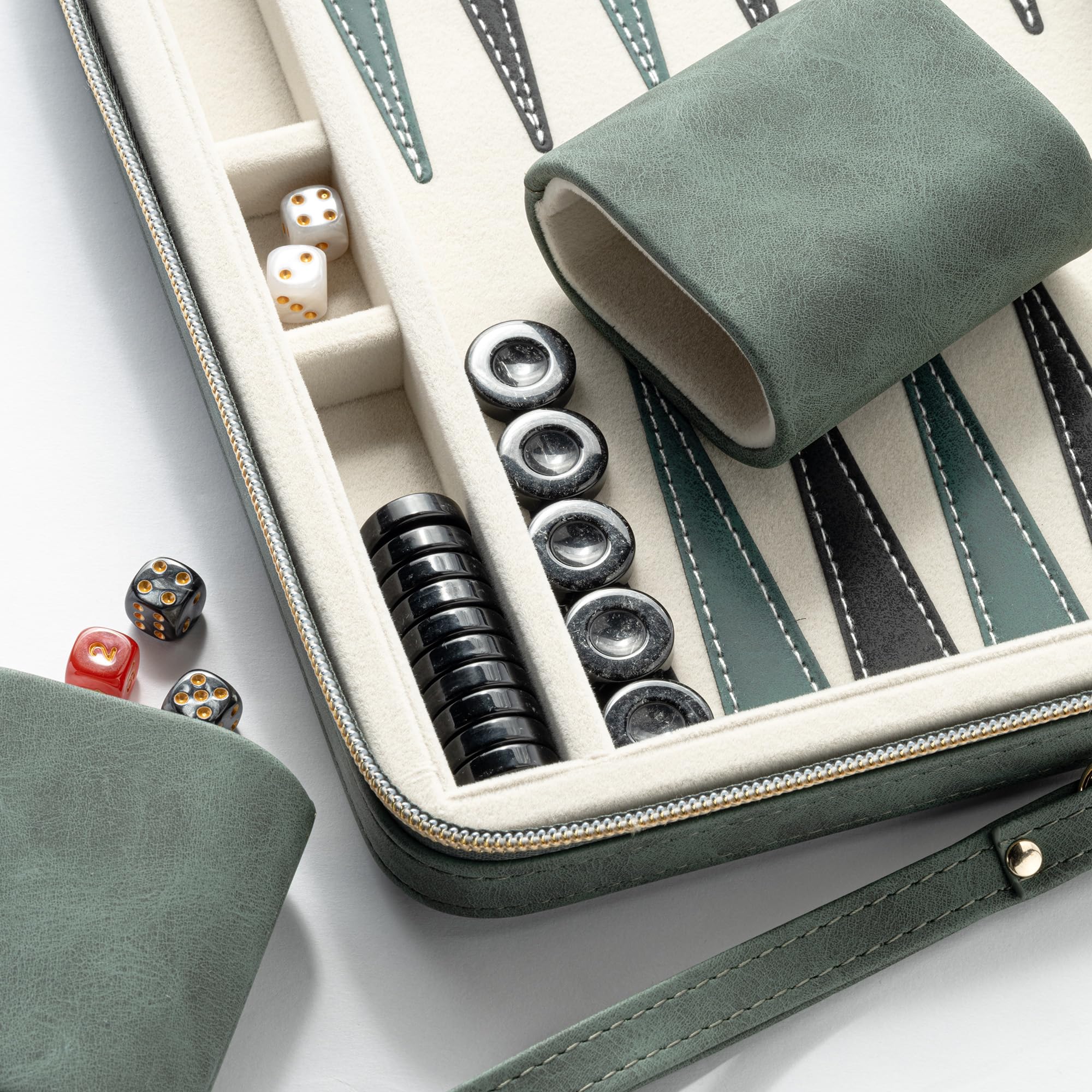 Juegos de Backgammon de 9.4 Pulgadas para Adultos, Juego de Mesa clásico con Funda Plegable de Cuero para Backgammon, Juego de Backgammon de Viaje portátil, Incluye 30 Damas de Cuerno (Green)