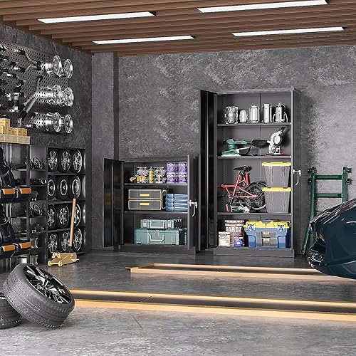 Miniatura 2 de Greenvelly Armario de metal para garaje, armario de almacenamiento de metal con cierre de 42 pulgadas de alto con 2 puertas y estantes ajustables,