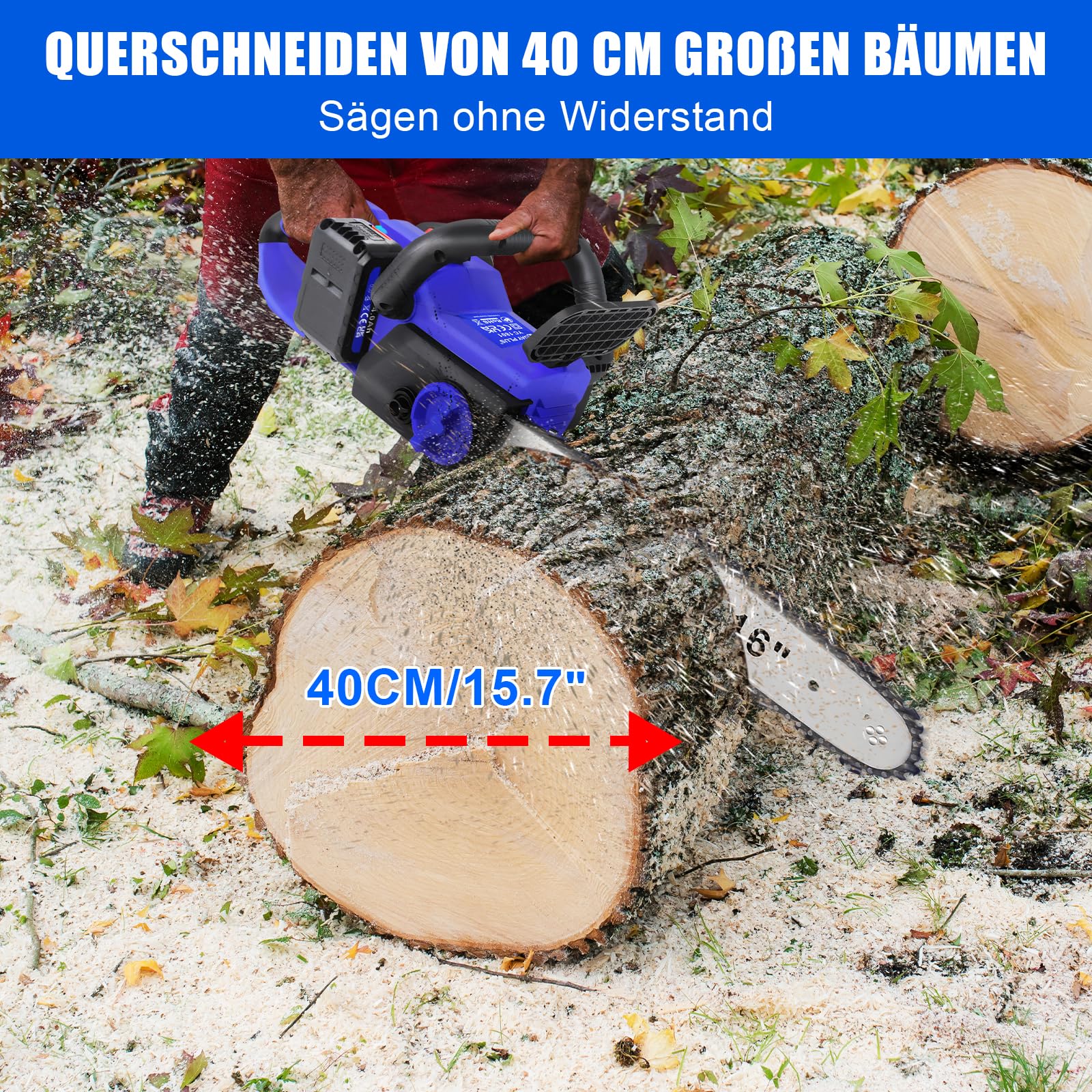 HSHa Motosierra de mano de 16 pulgadas, con 2 baterías de 4,0 Ah y cargador, lubricador automático y guía de cadena de 41 cm, color azul