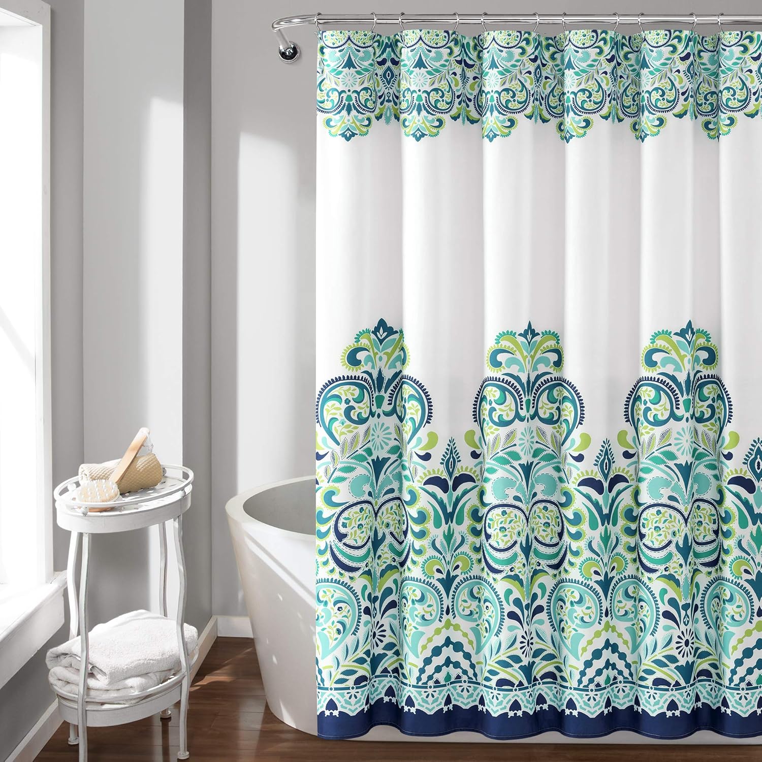 Lush Decor, Blue and Green Clara Shower CurtainFabric Colorful Boho Paisley Damask Print Design