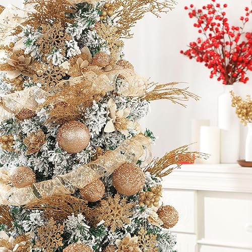 Miniatura 4 de Juego de 68 adornos para árbol de Navidad con purpurina inastillable, adornos de bola de árbol de Navidad, flores de nochebuena con alambre, adorno