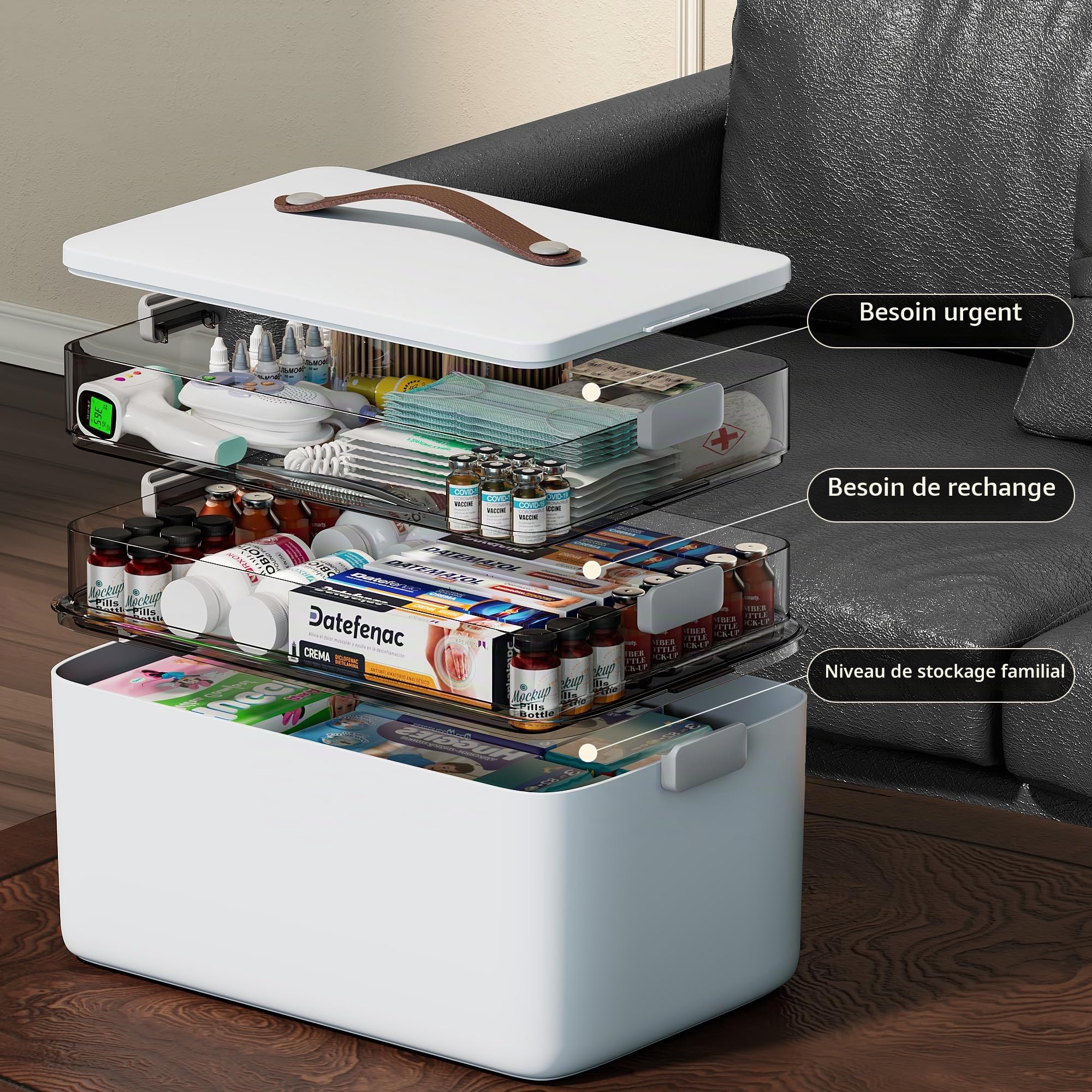 CTIME Boîte à pharmacie à 3 étages - Portable avec anse en cuir, idéale pour la maison et les voyages