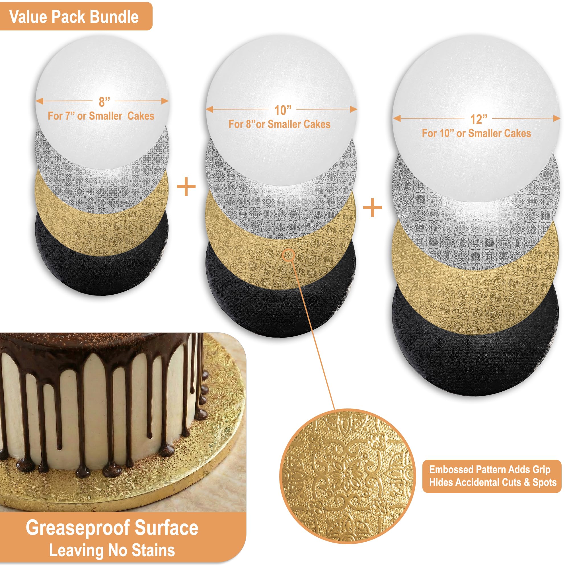 BOARDS+ Paquete de 12 tambores para tartas de 8, 10 y 12 pulgadas en color blanco, negro, plateado y dorado | Herramientas de apoyo incluidas | Totalmente a prueba de grasa de 1/2 pulgada de grosor |