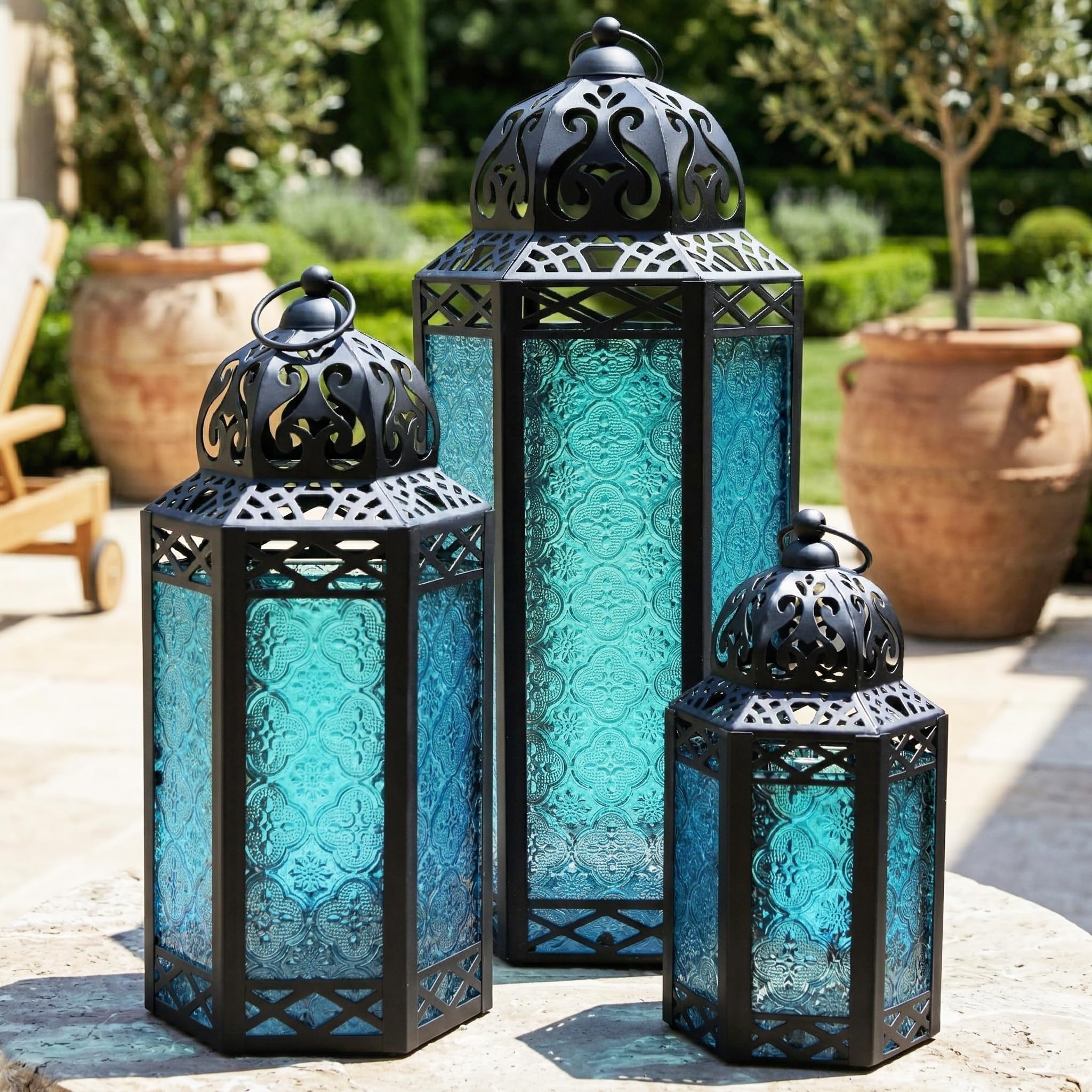 VELA LANTERNS Moroccan Candle Lanterns Decorative Set of 3 for Floor, Ramadan Decorations, Indoor Home Decor, Outdoor Patio or Porch, Weddings, Blue