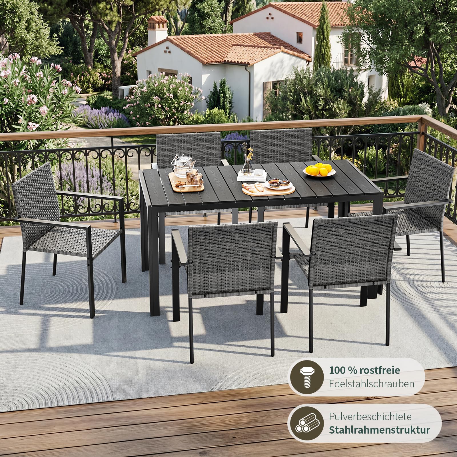 Amopatio Gartenstühle Stapelbar 6er Set, Polyrattan Stapelstuhl Garten mit Armlehnen, Stabiler Stahlrahmen, Wetterfest Rattansessel - Rattan Balkonstühle für Balkon, Terrasse, Grau