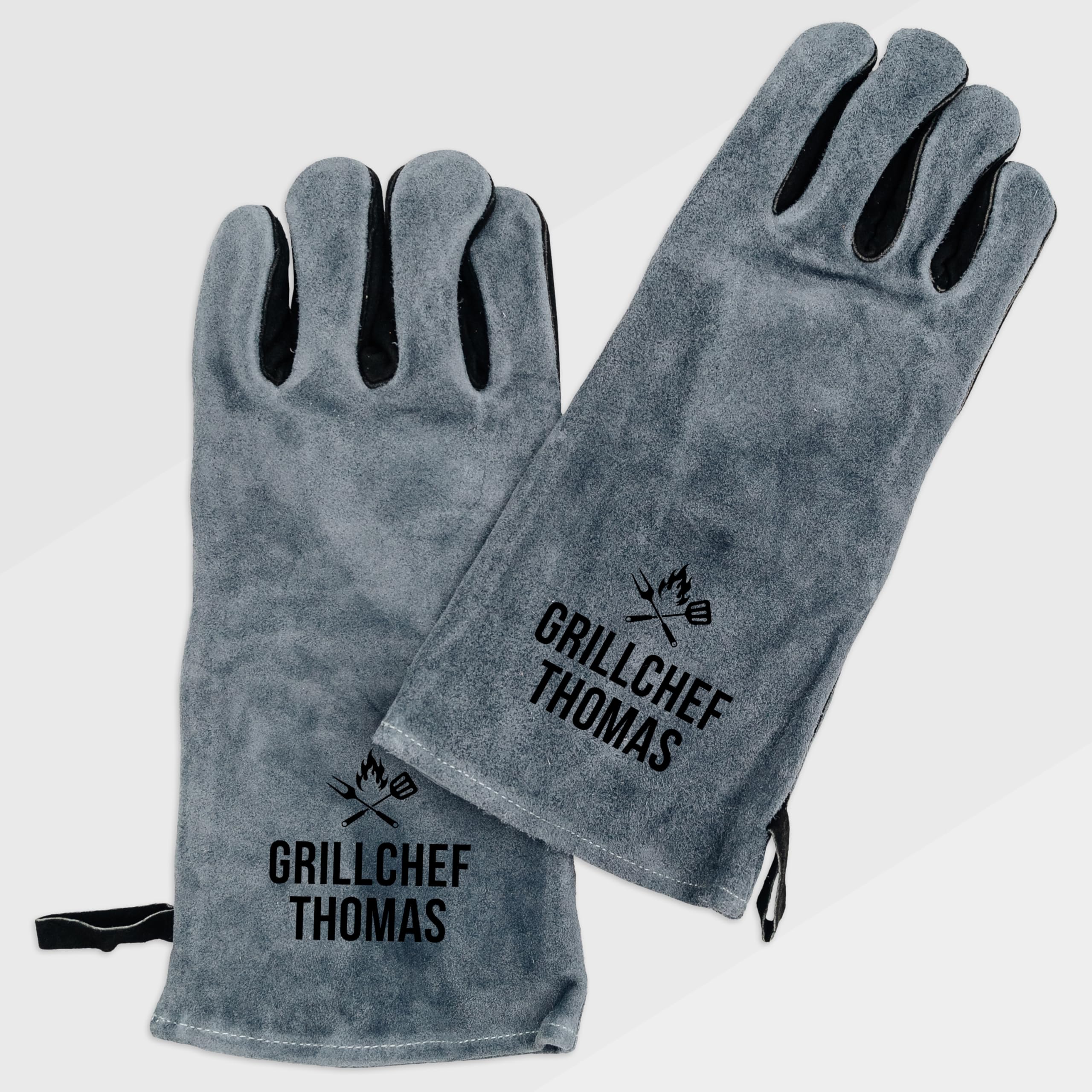 personalisierter Grillhandschuh Leder, Geschenk für Papa den Outdoor Grill und BBQ Barbecue Fan zum Vatertag Geburtstag für den Mann (Grillchef grau, linke Hand)