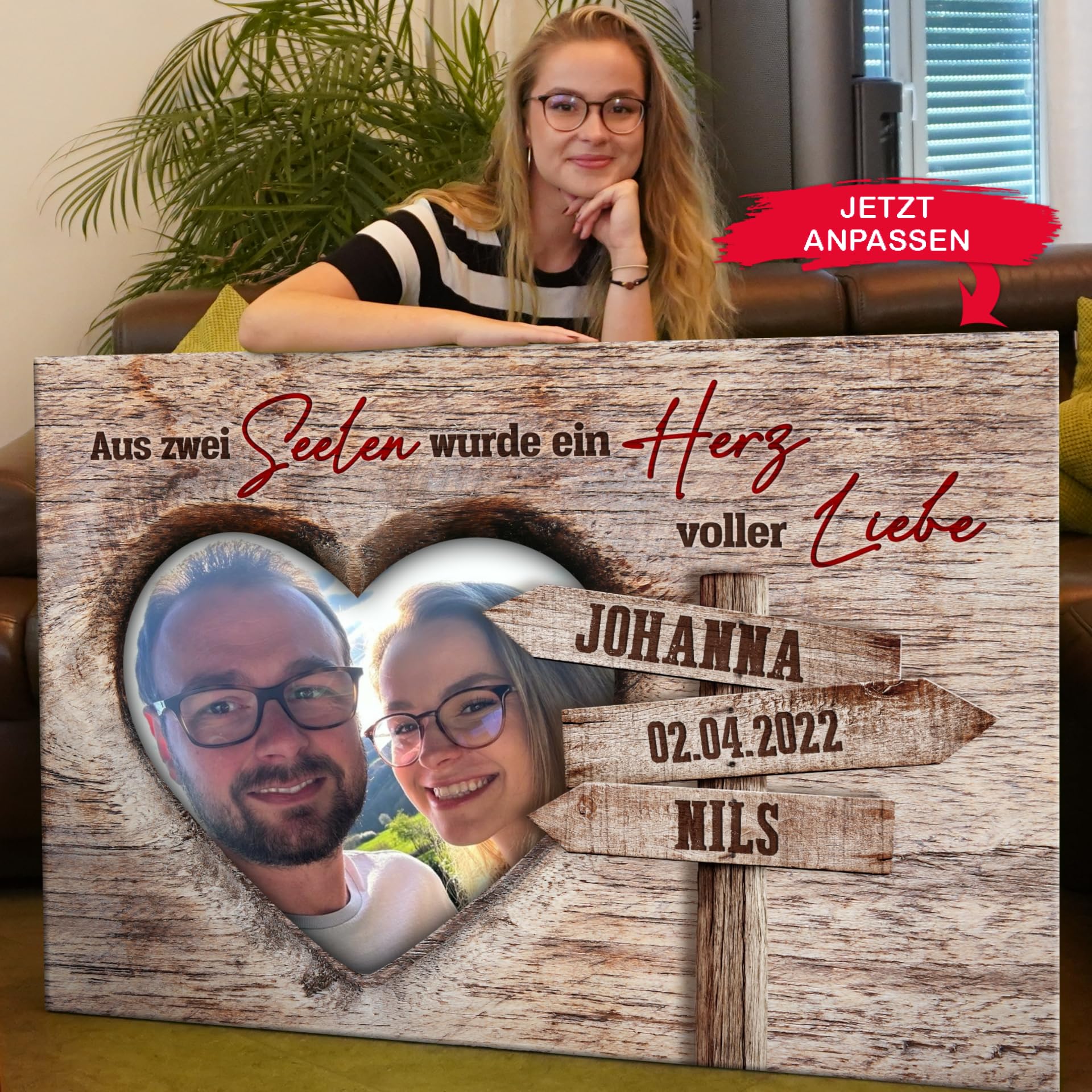 Liebesleinwand Leinwand mit Foto personalisiert | Geschenk für sie oder ihn zum Jahrestag, Verlobung, Hochzeitstag | Leinwandbild gestalten mit Namen und Datum | Romantische Gedanken