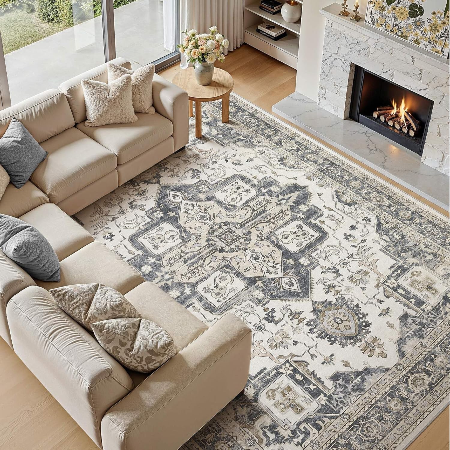 9x12 Washable Area Rugs for Living Room, Large Rug Non Slip Backing Vintage Distressed Stain Resistant Soft Low Pile Indoor Carpet for Bedroom Dining Room Kid & Pet Friendly-Heathered Grey