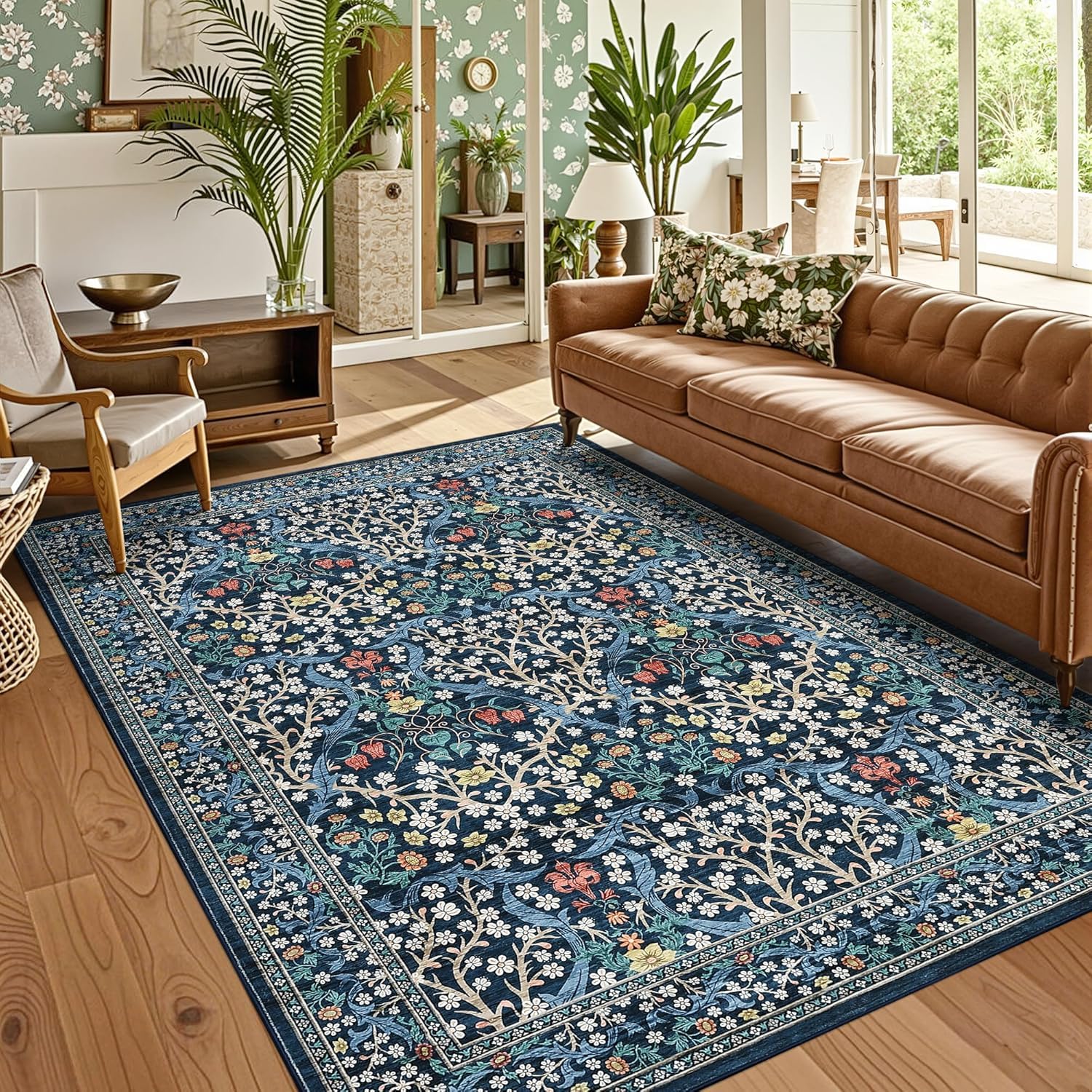 Teppiche für Wohnzimmer, 120 x 180 cm, waschbar, rutschfest, für Schlafzimmer, Innenbereich, niedriger Flor, für Esszimmer, Badezimmer, Küche, traditionelles Blumenmuster, Blau