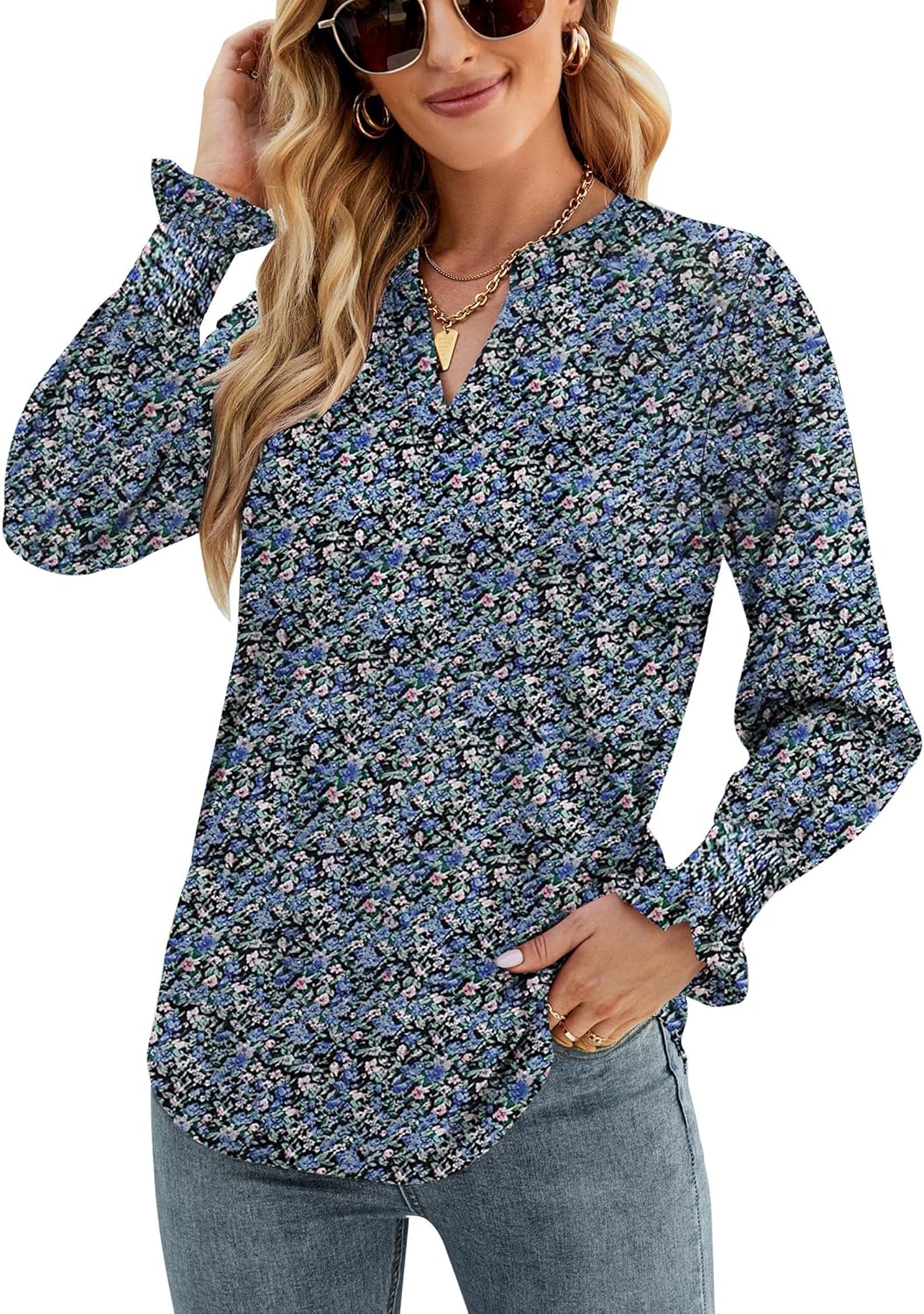 Women's Puff Long Sleeve V Neck Tunic Tops 2025 Casual Loose Solid/Floral Tunic Blouse Shirts