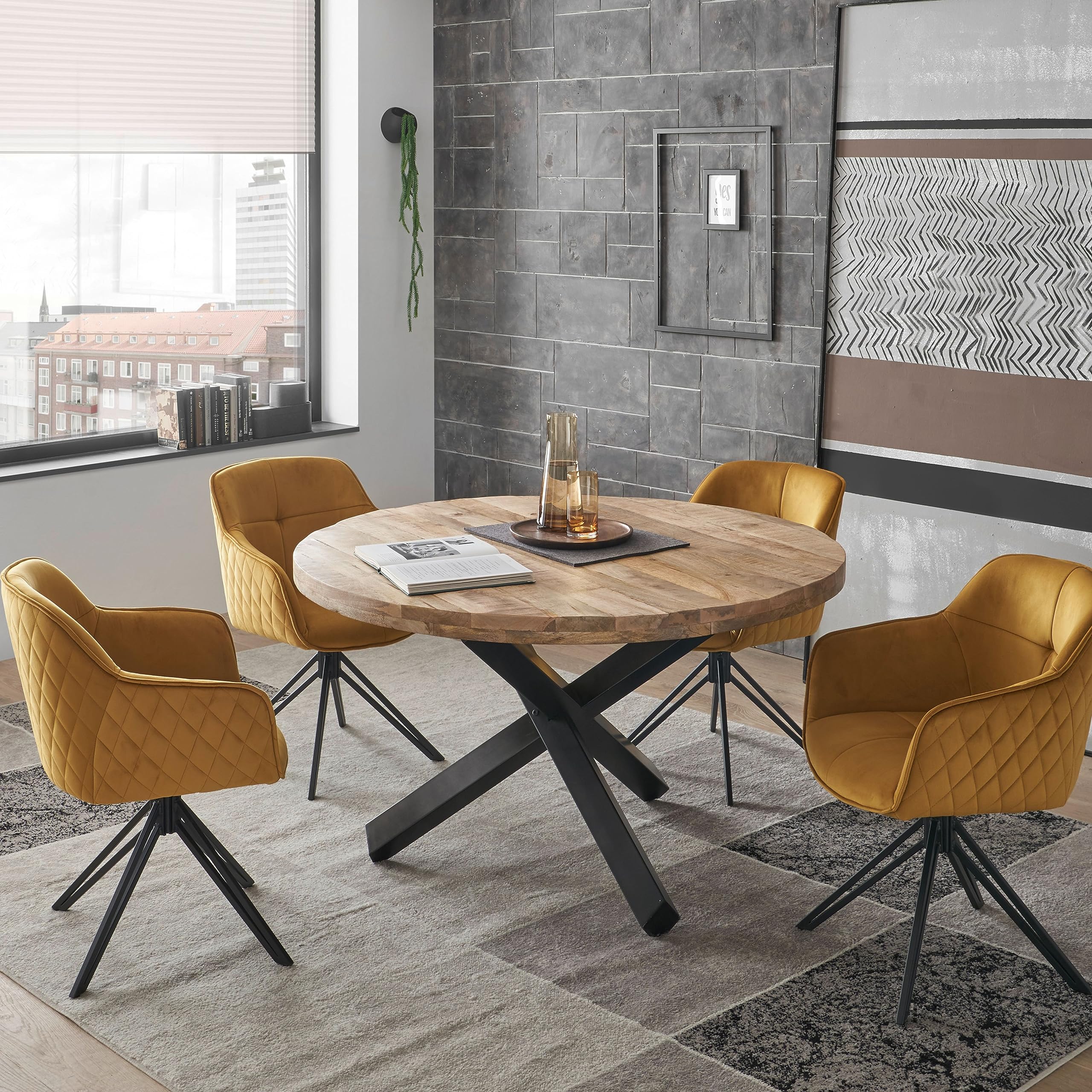 ACE Esstisch rund Massivholz Mango Esszimmertisch mit Metallgestell
