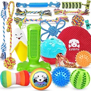 KIPRITII Paquete de 25 juguetes para cachorros para dentición, entretenimiento e interacción, paquete de juguetes masticables para cachorros con juguete de cuerda, bolas de golosinas y juguetes