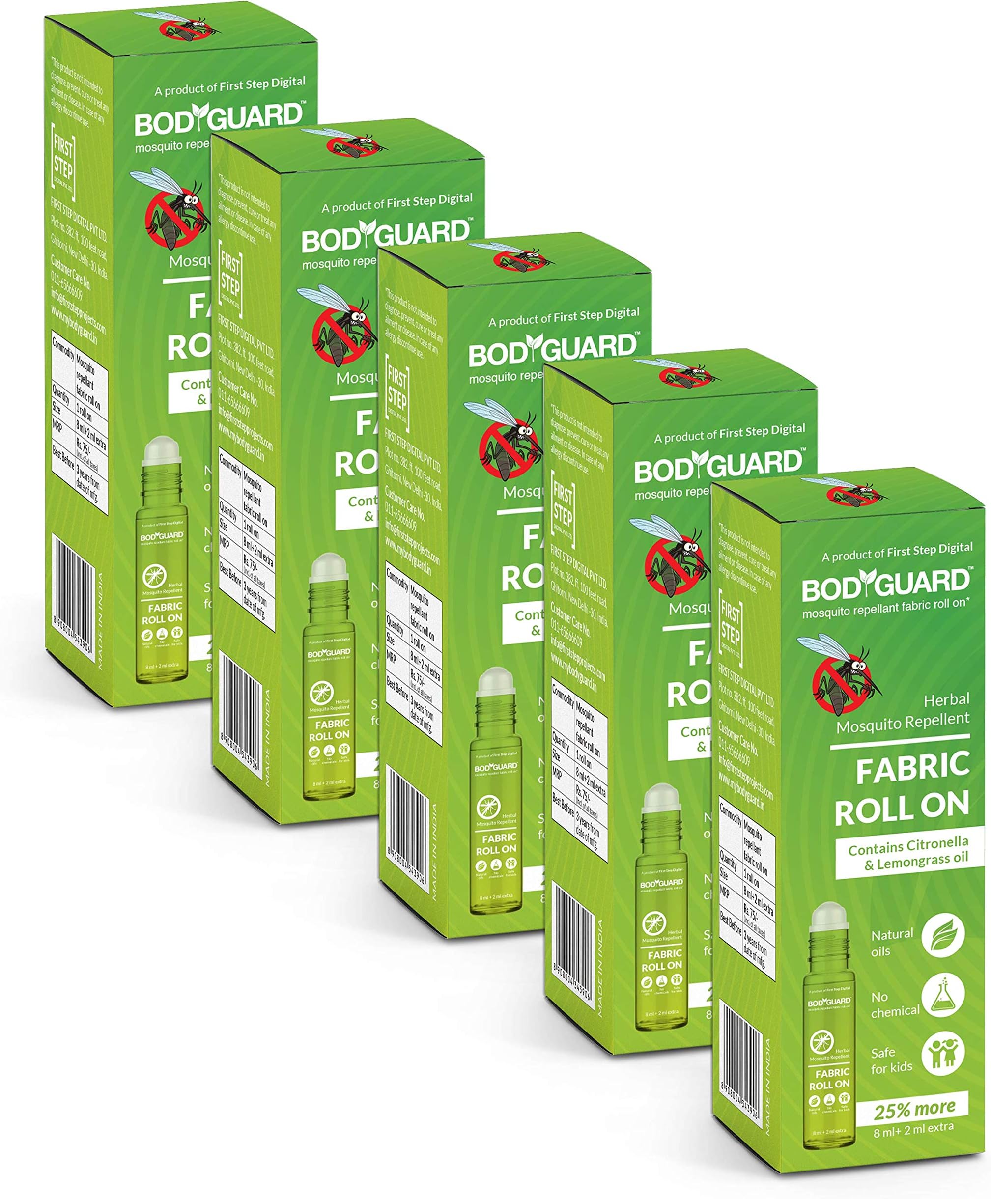 Bodyguard Fabric Roll On for Mosquito Repellent, 10 ml (Green, Pack of 5)