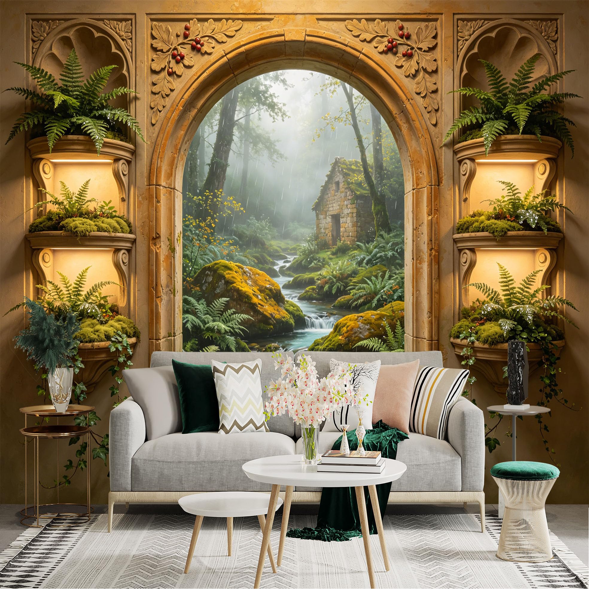 Lnzczhyre Dbh260521208 Custom Size Wall Sticker Mural， Enchanted Stone Cottage By Stream， Lush Forest Scenery， Fern Plant Archway， For Wall Decoration， Peelandstick Wall Decals.