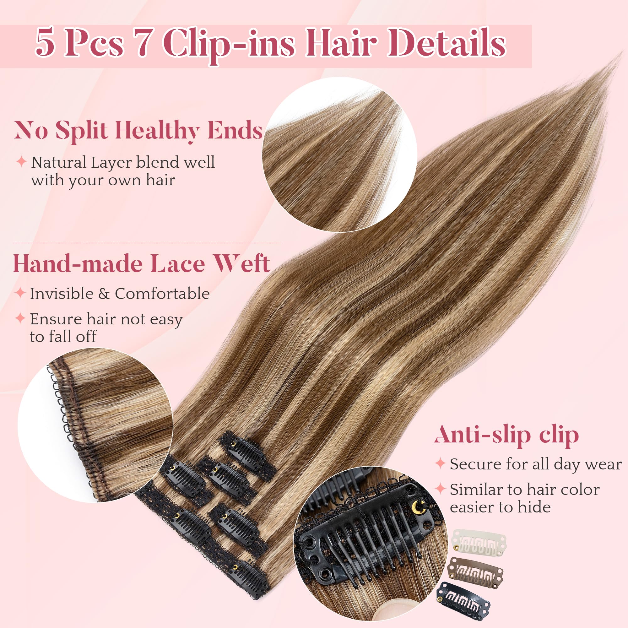 SEGO Clip in Extensions Echthaar Extensions Clip 5 Stück 7 Clips Human Hair Extensions Remy Echthaar Haarverlängerung Glatt Invisible 55 cm # 4P27