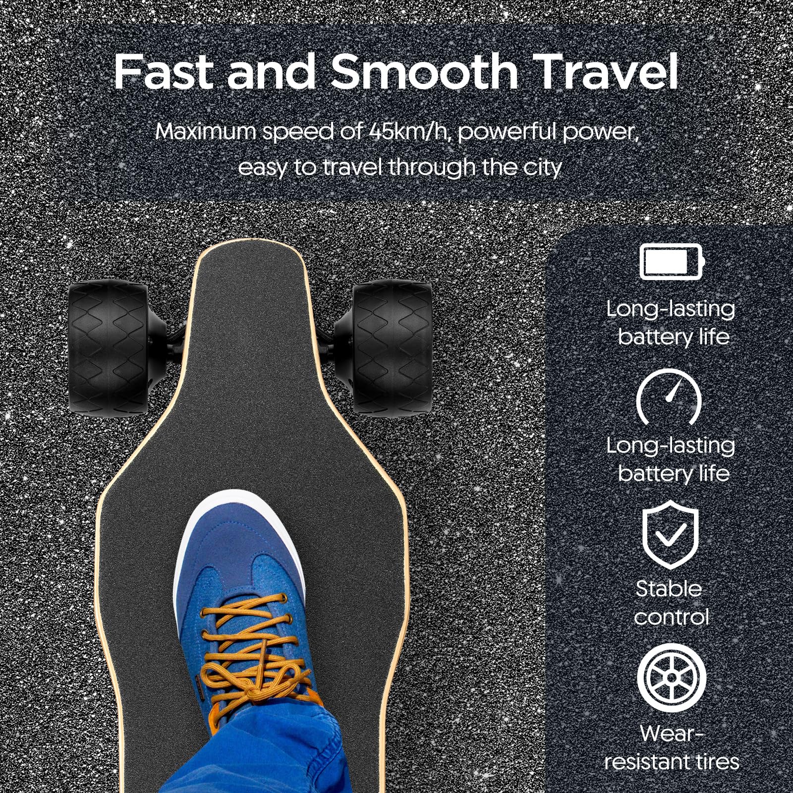 Skateboard électrique de qualité supérieure | Double moteurs de 550 W | Vitesse maximale 45 km/h | Portée de 30 km | Télécommande | Idéal pour la Route
