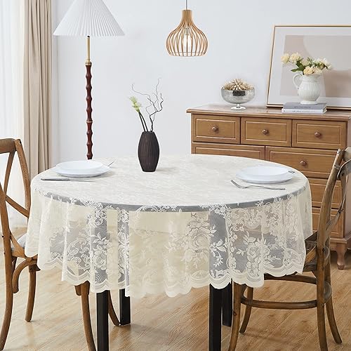 ASATEX Mantel redondo de encaje marfil de 70 pulgadas. El patrón floral clásico y elegante es la elección ideal para cualquier comedor de lujo,