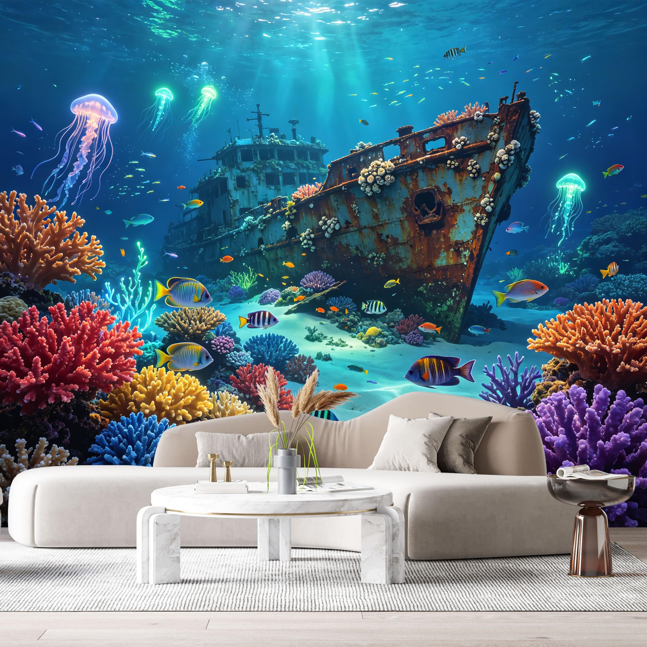 Custom Size Wall Murals Ocean Marine Coral Reef Shipwreck Tropical Fish Jellyfish Watercolor SelfAdhesive Wall Fabric Removable Large Wallpaper for Photo Living Room