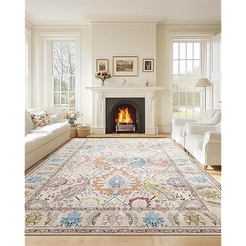 Boho 8x10 Area Rugs Machine Washable Carpet Low Pile Non Shedding Doormat Soft Area Rugs for Living Room Bedroom Kitchen Dining Room Entryway Hallway Indoor-Cream/Multi