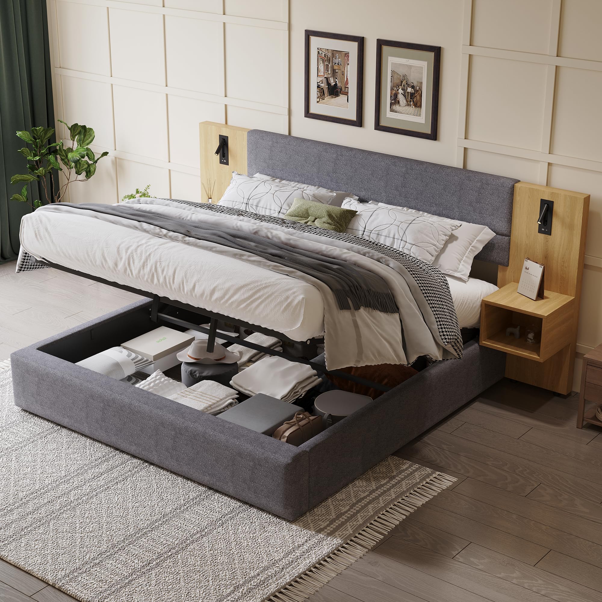 Letto imbottito 160 x 200 cm, idraulico, con connettore USB, illuminazione con due comodini con spazio di archiviazione, rete a doghe in legno, facile da montare, velluto grigio + naturale