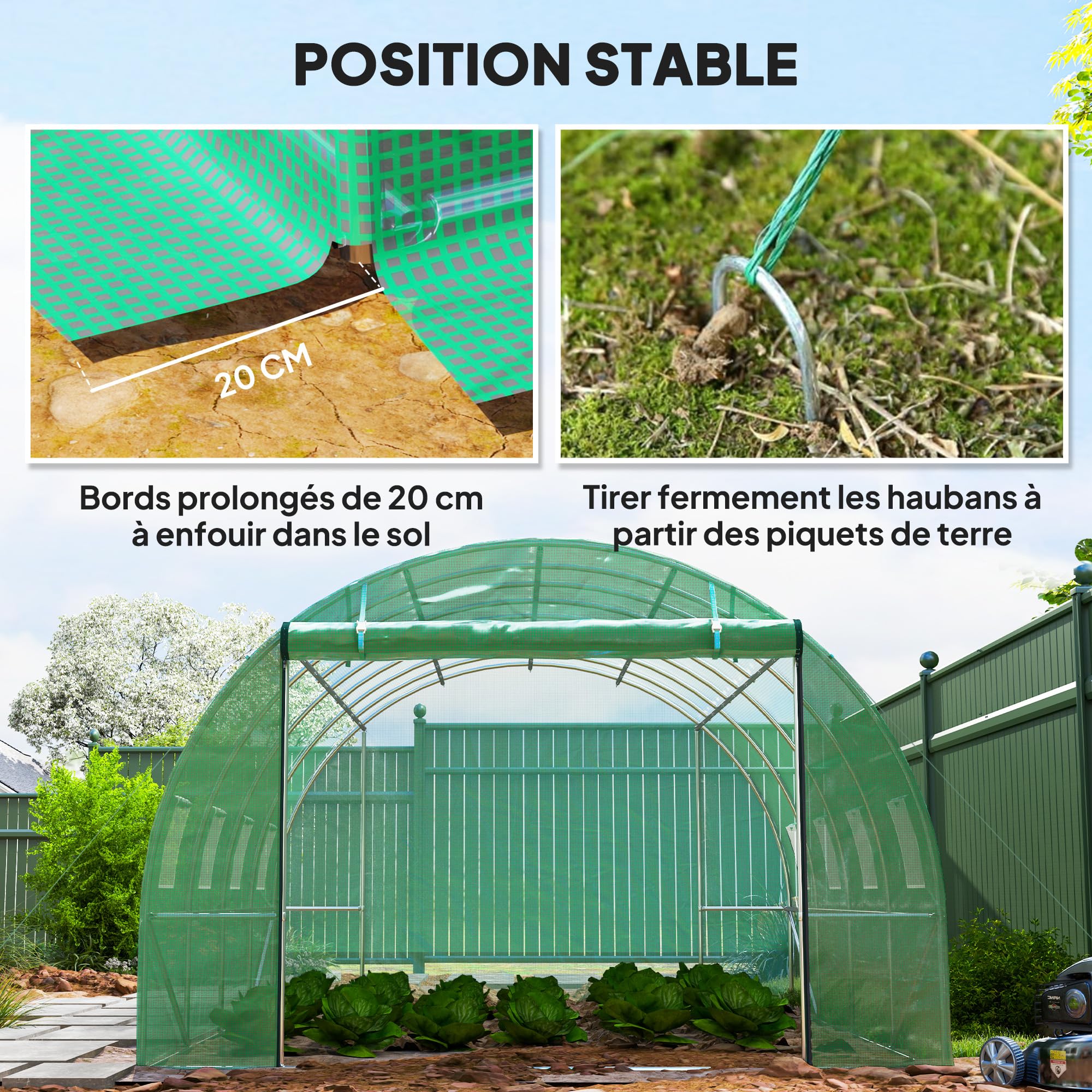 Outsunny Serre de Jardin 12 m² Tunnel 8 Fenêtres Maille 3 x 4 x 2 m Vert