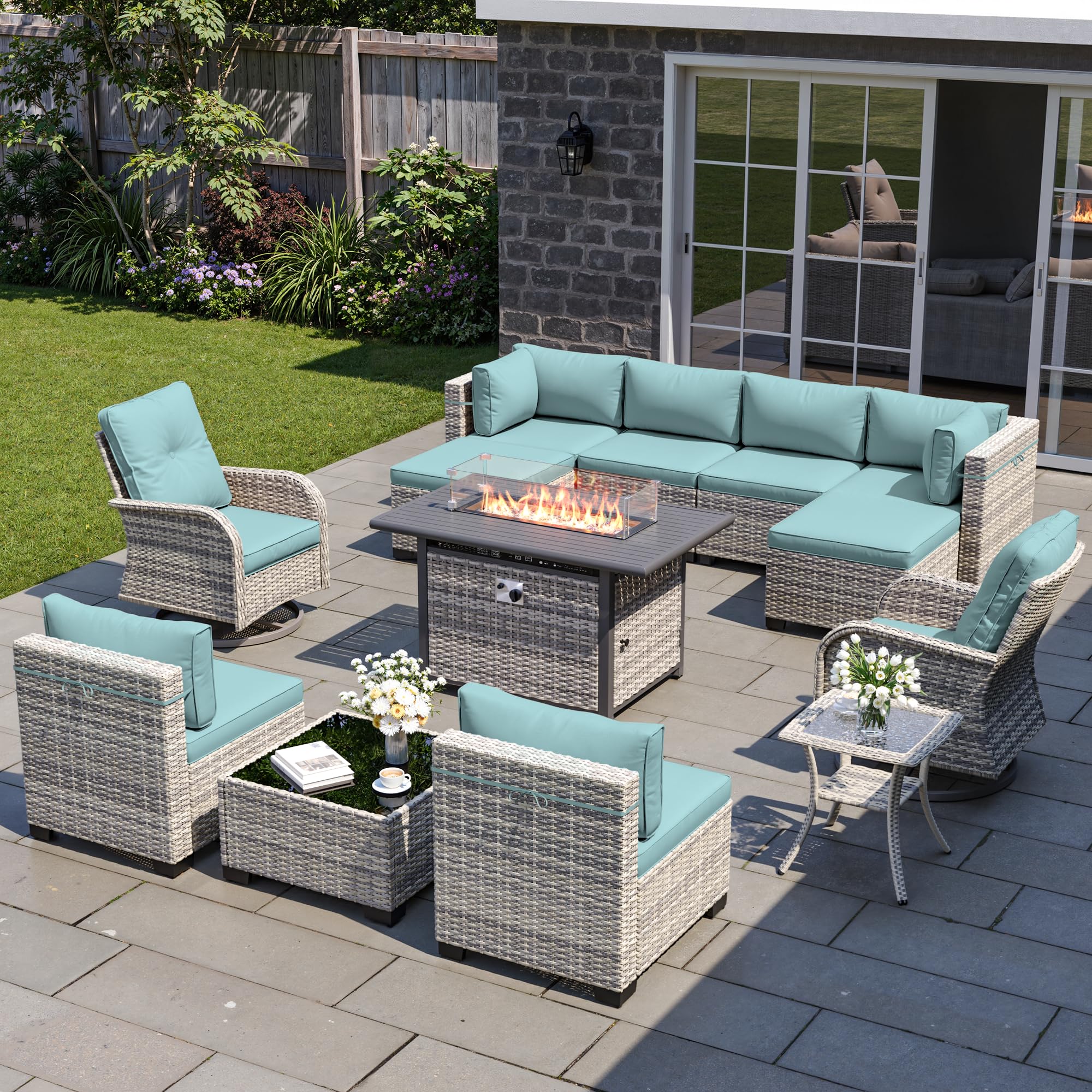 13-Piece Patio Furniture Set, Outdoor Patio Furniture with Swivel Chairs Set, Ottomans, 55,000 BTU Fire Pit Table, Modular Patio Sofa, Dual-Strand Wicker Rattan, Rust-Resistant Frame, Light Blue