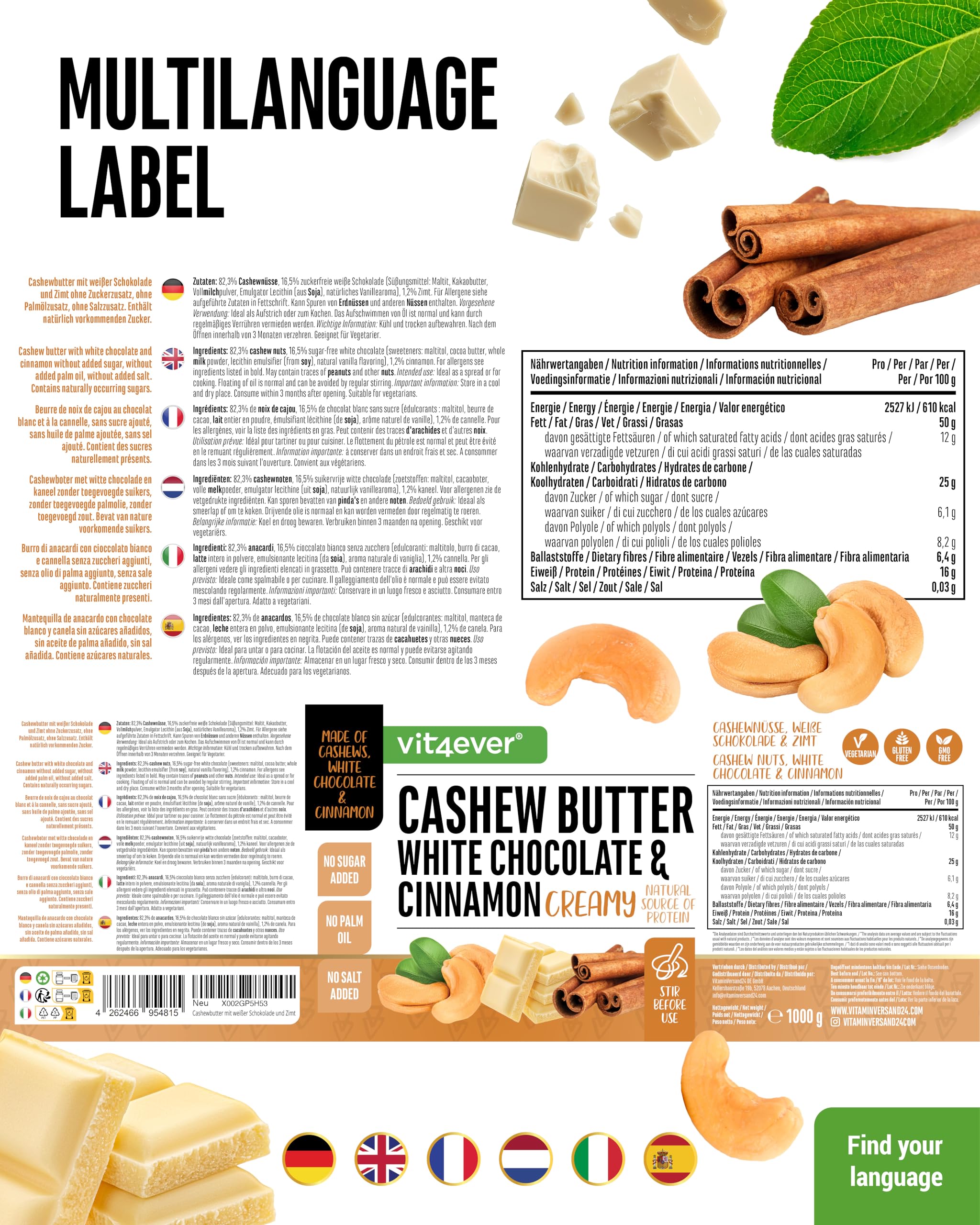 Cashewbutter mit weißer Schokolade & Zimt - 1kg natürliche Cashew Butter - Natürliche Proteinquelle - Cashewmus ohne Zusätze von Salz, Öl oder Palmfett, cremig, smooth | 82,3 % Cashews, ohne Zuckerzusatz & Palmöl, cremig-smooth