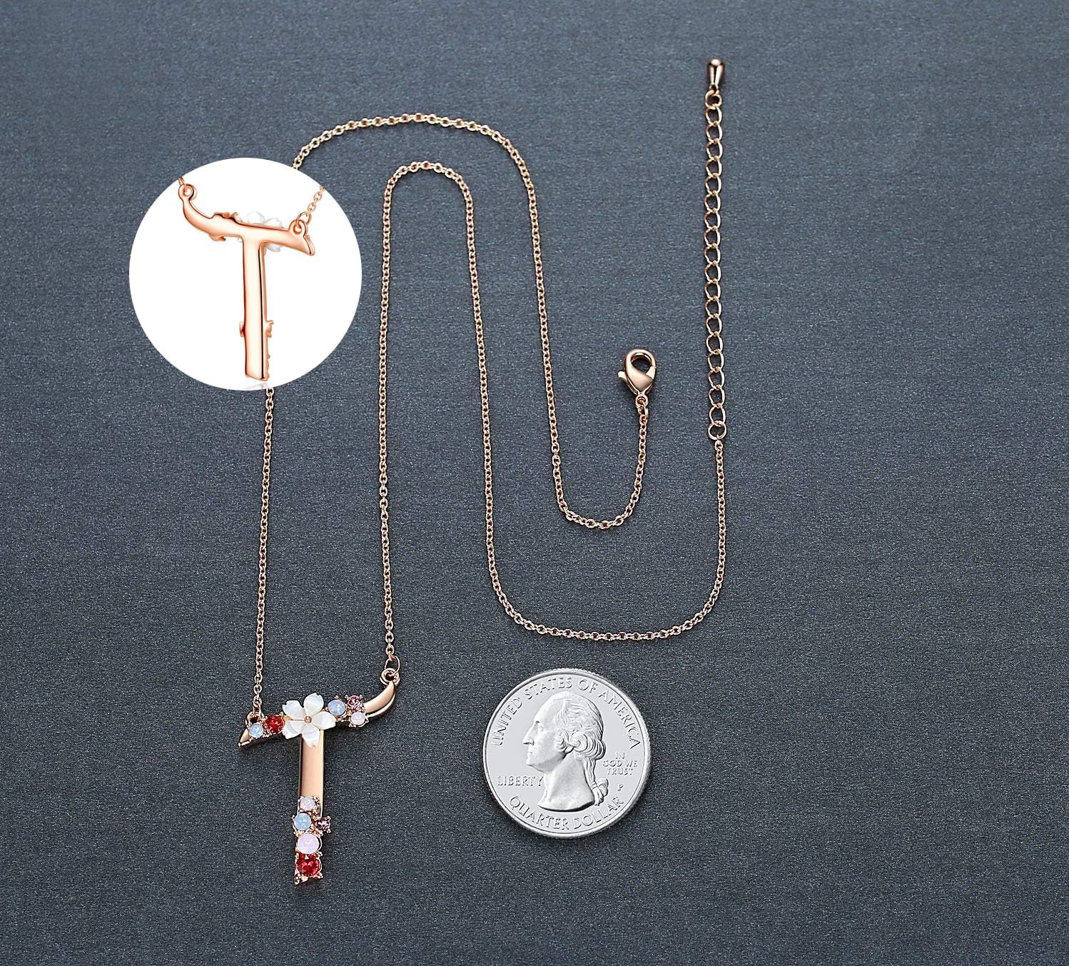 Flower Initial Letter Necklace Pink Red Blue Simulated Pearl Pendant Name Jewelry Made with Austrian Crystals Rose Gold Plated Anniversary Birthday Gifts for Women,18"+2" - Image 4