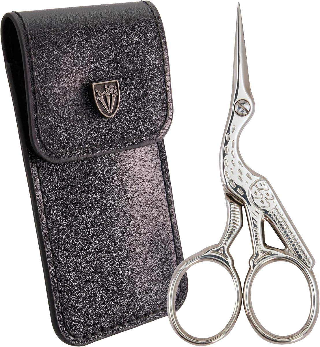 3 Swords Germany - Embroidery Scissors, Stork Scissors Shears for Art Work, Daily Use in Household, Sewing, crocheting, Art Work, Craft, needle workwith black Synthetic Leather case