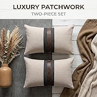Vista 5 de BOYSUM Set of 2 Leather Throw Pillow Covers Outdoor Decor Patchwork Linen Brown Faux Leather Pillows Cover for Couch Sofa,Beige 12"x20