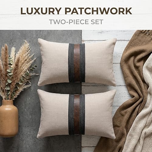 Miniatura 5 de BOYSUM Set of 2 Leather Throw Pillow Covers Outdoor Decor Patchwork Linen Brown Faux Leather Pillows Cover for Couch Sofa,Beige 12"x20