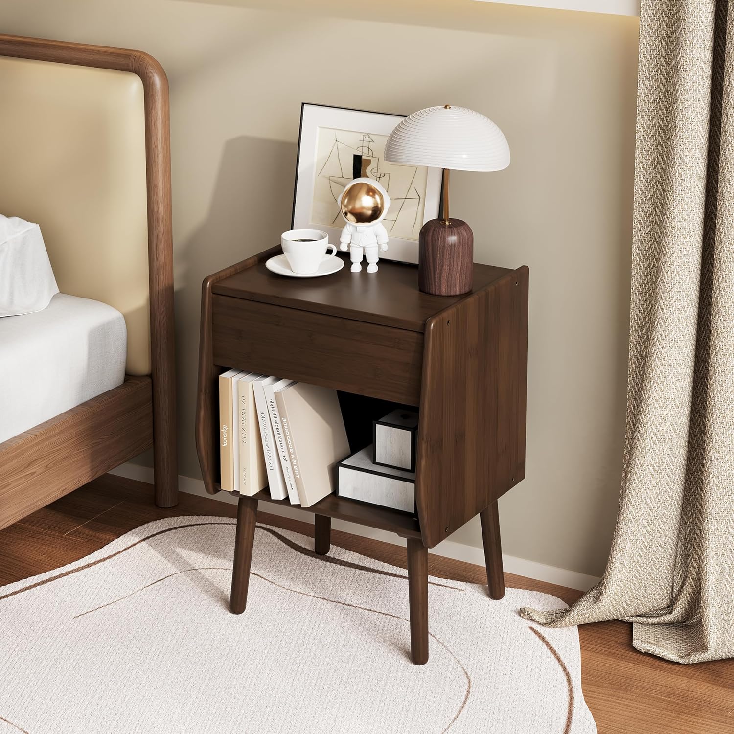 ZIYOO Nightstand with Drawer Open Shelf, Mid Century Modern Bedside Table, Small End Table for Living Room&Small Spaces, Bedroom, Walnut
