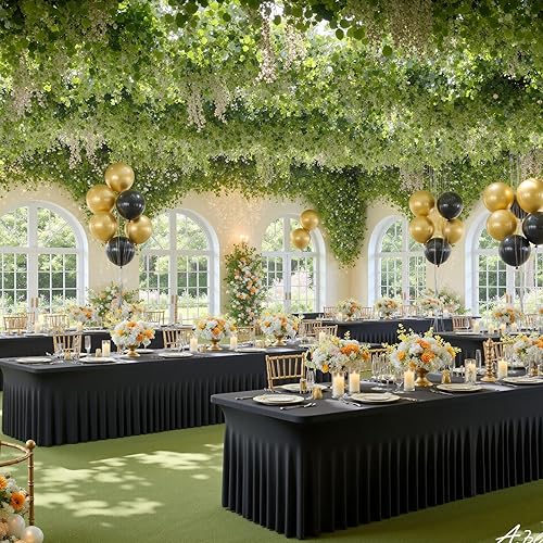 Miniatura 3 de Paquete de 2 manteles de elastano negro para mesas rectangulares de 4 pies, sin arrugas, manteles elásticos de 4 pies con falda para fiestas, bodas,