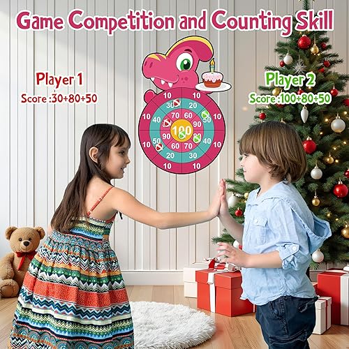 Miniatura 2 de LUYITOM Juguetes de dinosaurio rosa para niños de 3 a 5 años, tablero de dardos de juguete de dinosaurio de 29 pulgadas para niñas con 12 bolas